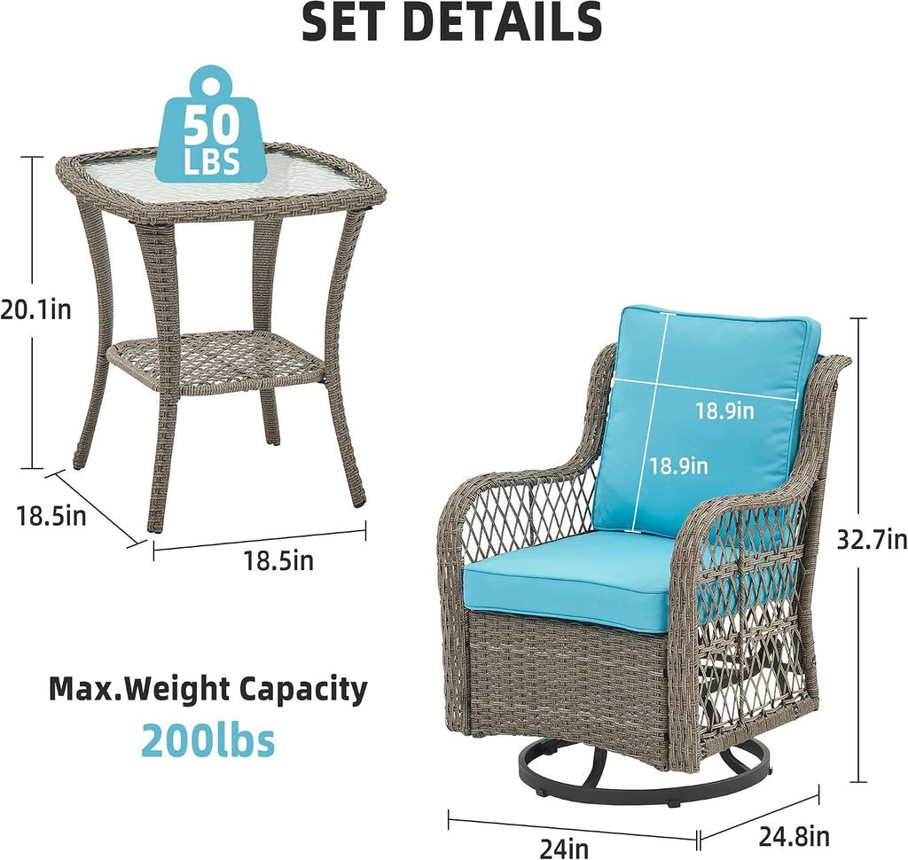 GAOMON 3 Pieces Outdoor Swivel Rocker Chair Set of 2 with Small Side Table, 360-Degree Swivel Rocking Chair, Outdoor Rocking Chair Set for Patio Porch Pool (Gray Rattan/Light Blue Cushion)