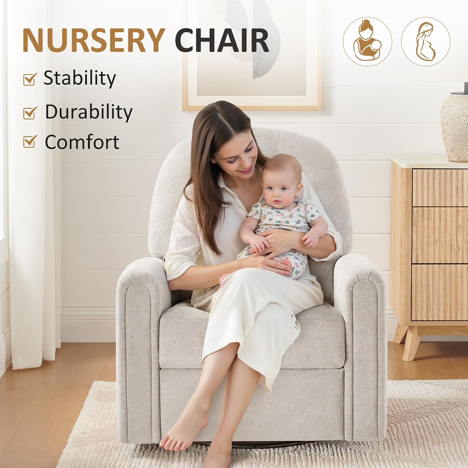 VANOMi 360 Swivel Rocker Recliner Chair, Nursery Rocking Chair with Tufted Backrest, Manual Recliner Chairs for Small Spaces, Upholstered Glider Nursing Chair for Living Room, Bedroom (Camel)