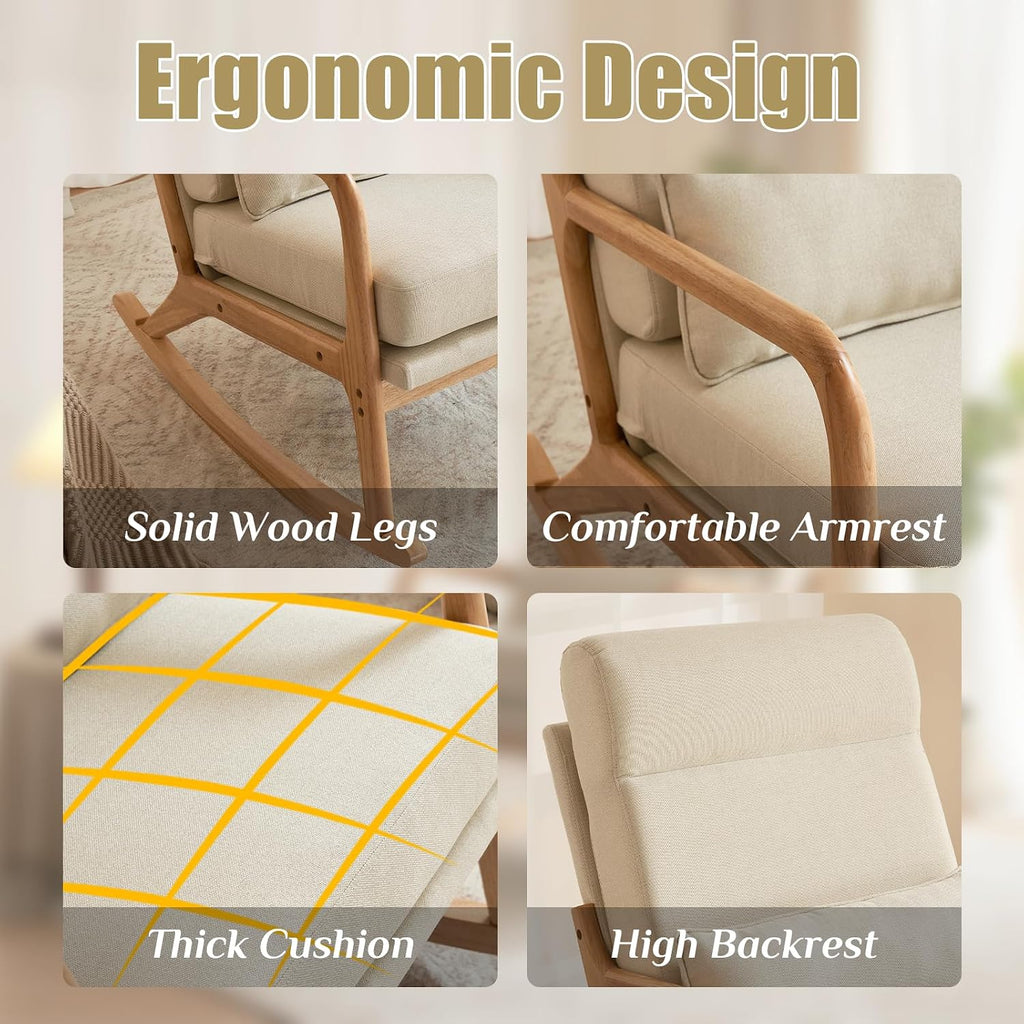 Karl home Nursery Rocking Chair Removable Glider Rocker High Backrest Rocking Armchair Mid-Century Accent Chair with Lumber Pillow for Bedroom, Living Room, Nursery, Beige