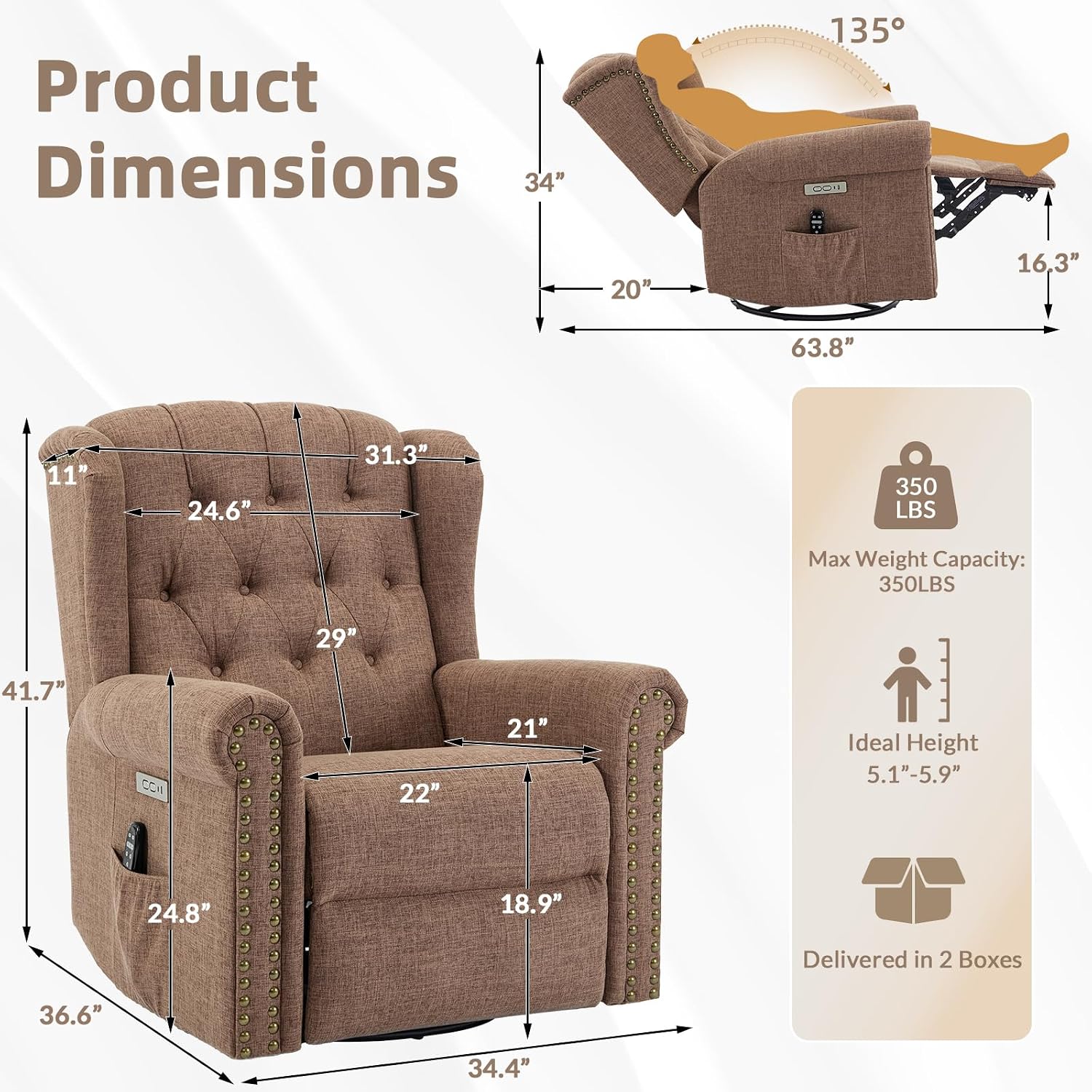 Power Swivel Rocking Glider Recliner Chair with Massage and Heat, Electric Nursery Glider Rocker for Living Room, Wingback Tufted Upholstered Recliner Chair with Type-C & USB Ports, Brown