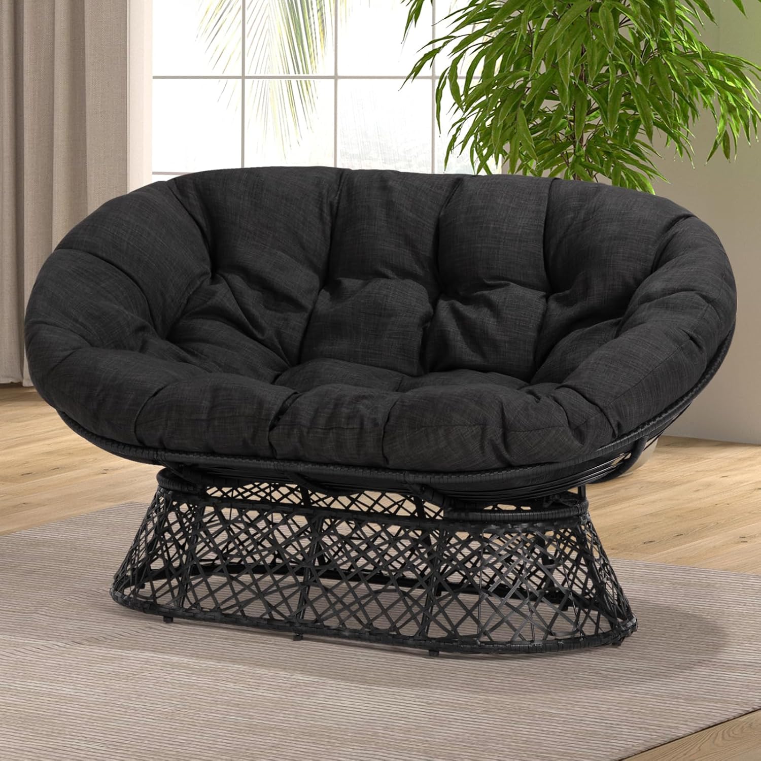 Bme Double Papasan Chair, 600lbs Capacity, Ergonomic Design, Soft Thick Fabric Cushion, Bee-Designed Base, Durable Steel Frame, 61', Onyx Stone - Black Base