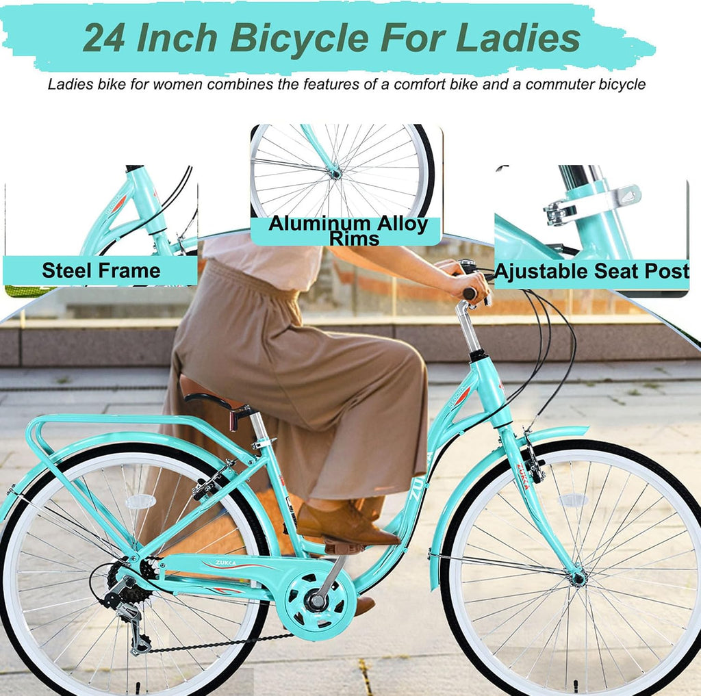 24/26 Inch Girls Cruiser Bike 24/26 Inch Beach Cruiser Bike for Women，City Hybrid Bike 7 Speeds Bicycle Commuter Bike for Women Men,High-Carbon Steel Frame，Multiple Colors