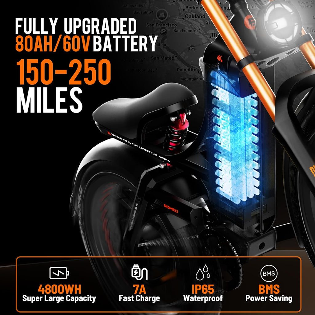 eAhora 2026 Romeo Pro 3 5600W 50Mph High-Torque Ebike, 60V 80Ah 250-Mile Long Range Electric Bike for Adults, Adjustable Air Suspension, 26'' Puncture-Proof Tire, UL 2849 Certified by TÜV