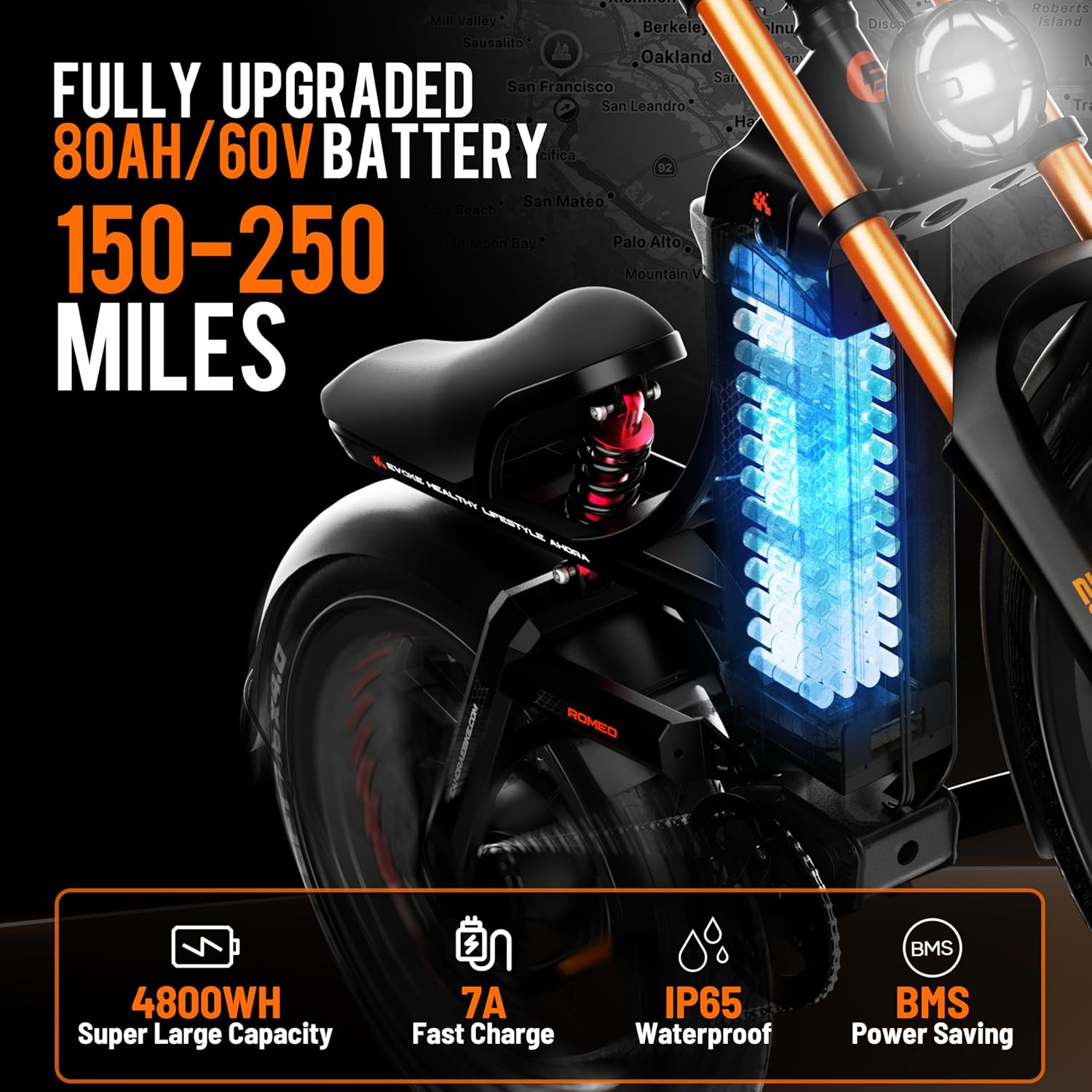 eAhora 2026 Romeo Pro 3 5600W 50Mph High-Torque Ebike, 60V 80Ah 250-Mile Long Range Electric Bike for Adults, Adjustable Air Suspension, 26'' Puncture-Proof Tire, UL 2849 Certified by TÜV