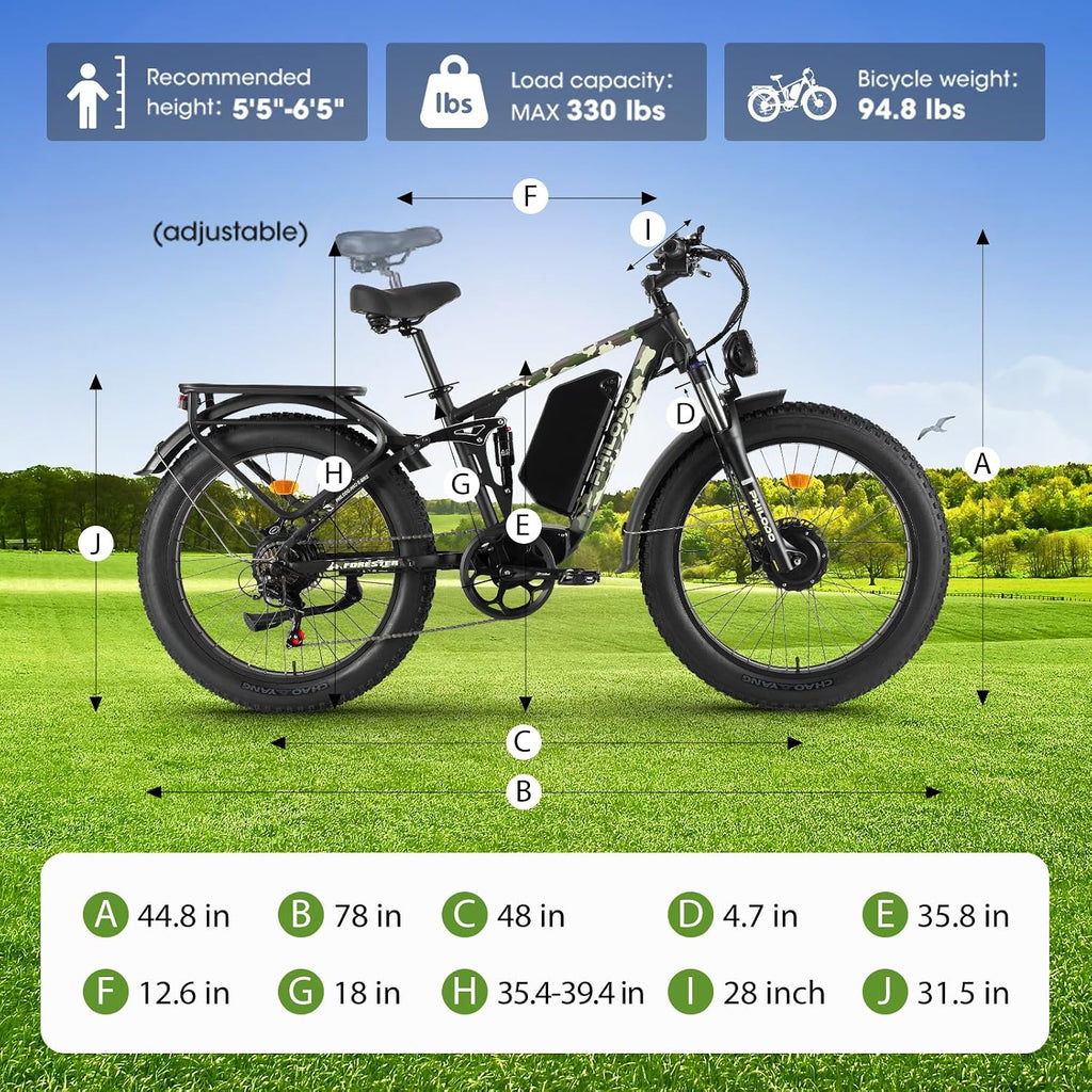 Forester 5000w Electric Bike, 60V 25Ah Bike Battery for Long Range with Dual Motor Ebike for Adults, 26x4 Electric Bike Fat Tires for All Terrain Electric Mountain Bike