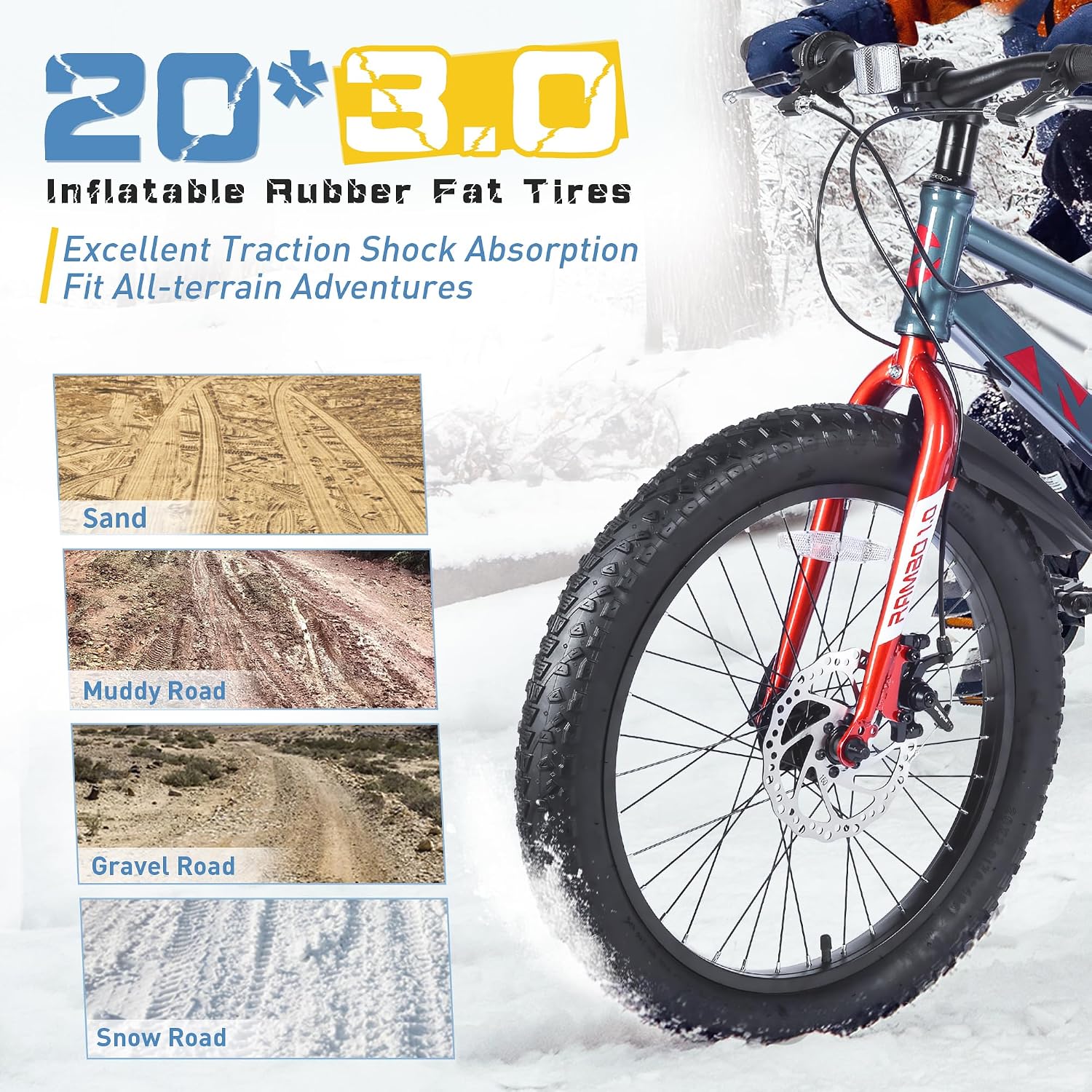 Mountain Bike 20/24 Inch, 3' Wide Fat Tire Snow Mountain Bikes, 7 Speeds Kids Teen Student Bicycles,Steel Frame Disc Brake，3 Colors