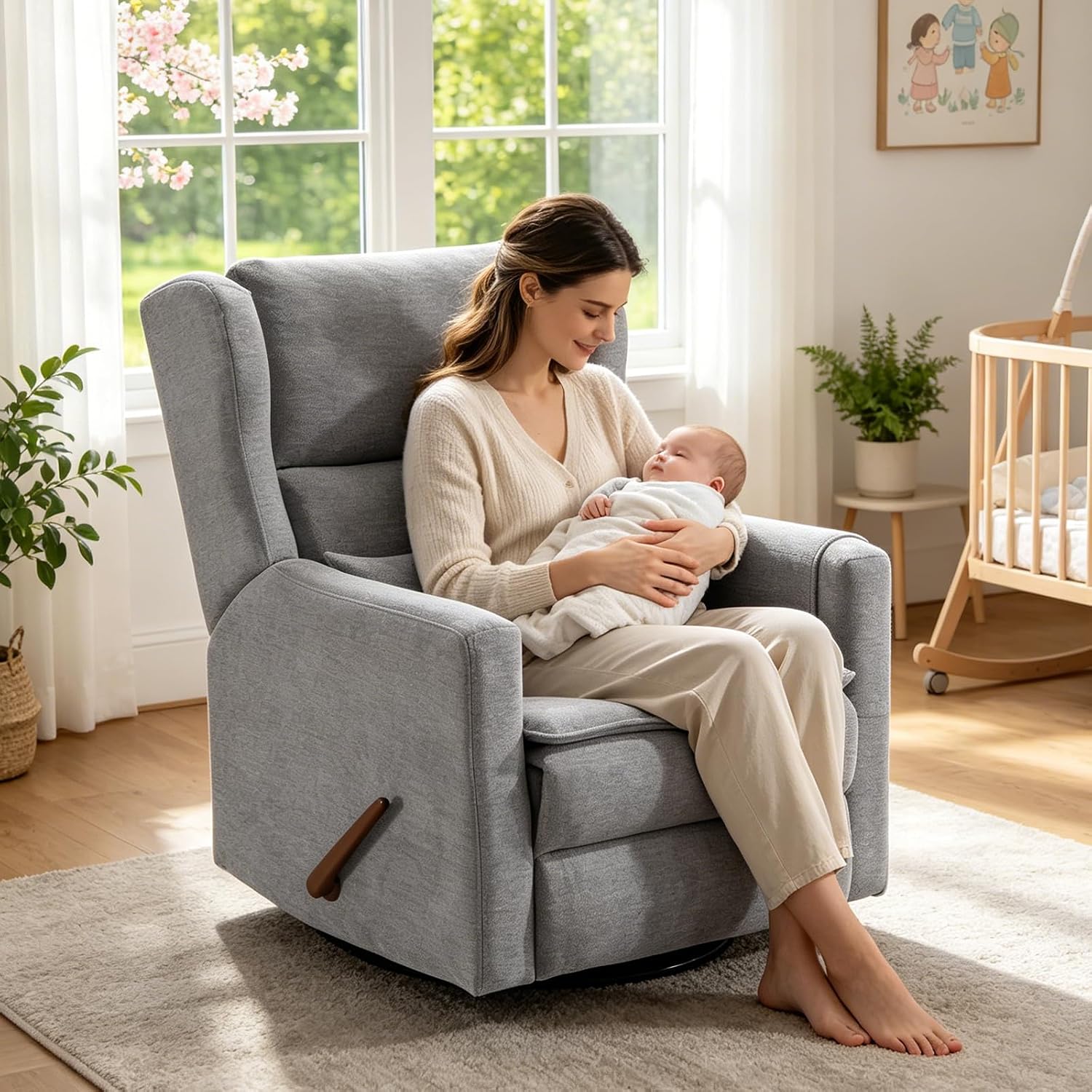 Large Glider Rocker Recliner,Rocking Chair Nursery with Adjustable Headrest,Swivel Rocker Recliner with Lumbar Support,Manual Nursery Rocker Recliner for Living Room& Bedroom,Grey