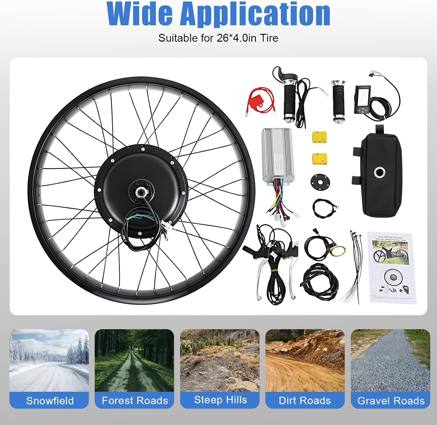 26' Rear Wheel Motor 48V 1500W Electric Bike Conversion Kit with LCD Display, Rear Wheel E-Bike Conversion Kit for Fat Snow Tire Electric Bicycle