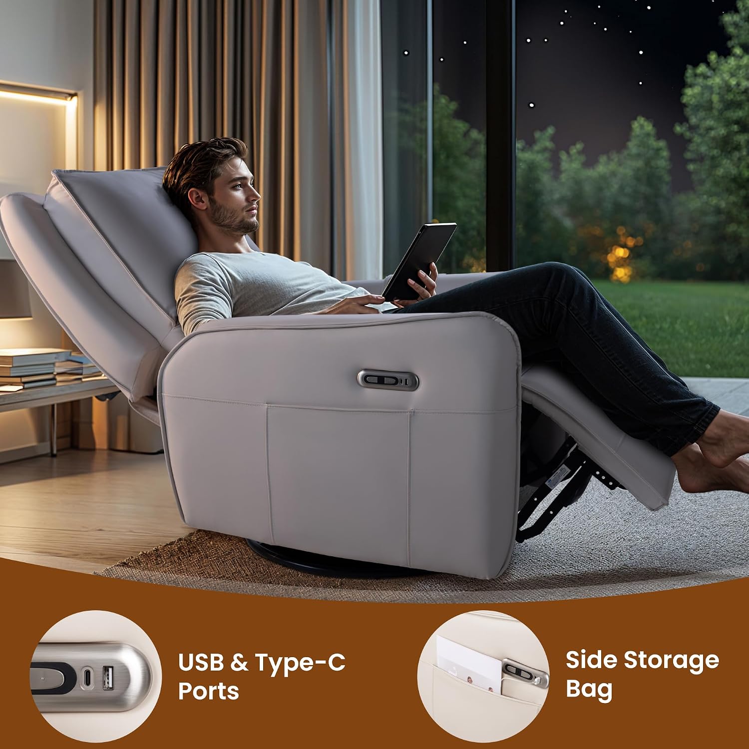 Power Swivel Rocking Recliner- Glider Rocking Chair for Adult - Nursery Glider for Breastfeeding,Quiet Motor, Faux Leather - Swivel Recliner for Living Room, Nursery (Cream White)