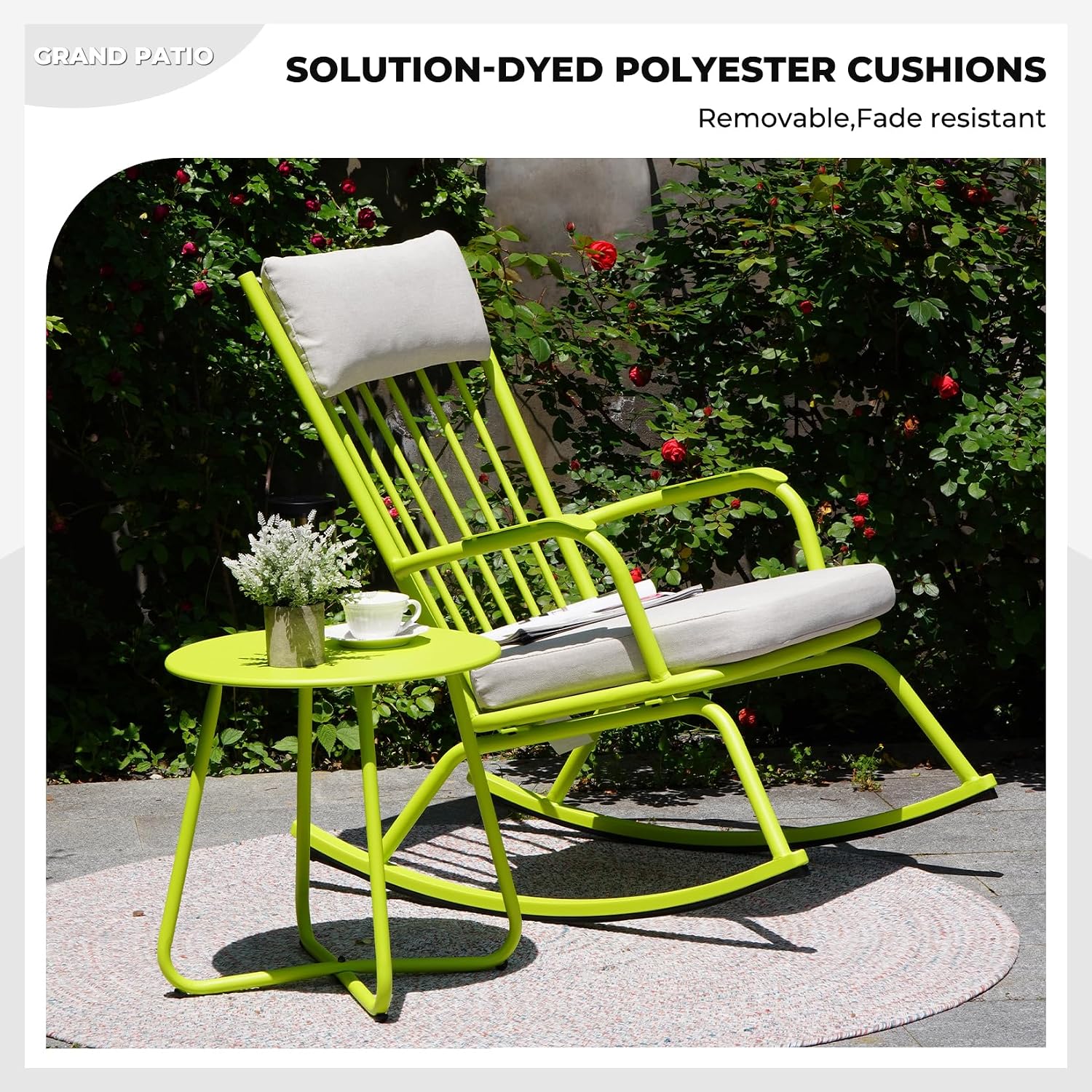 Grand patio Rocking Chair Outdoor, Bistro Table and Chairs Set, Steel Rocking Chairs with Cushions and 18-inch Coffee Table, Outdoor Bistro Set for Patio Porch Deck, Lime Green