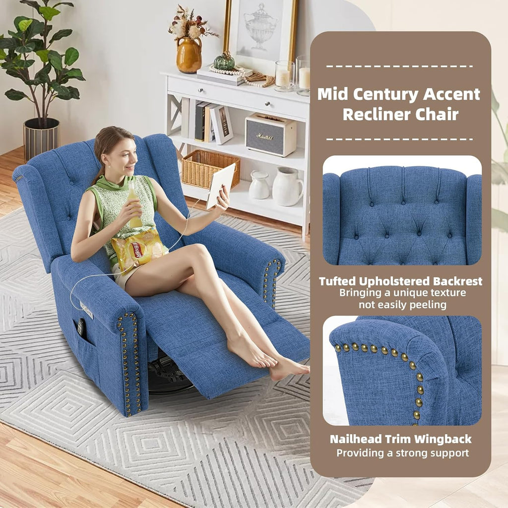 Power Swivel Rocking Glider Recliner Chair with Massage and Heat, Electric Nursery Glider Rocker for Living Room, Wingback Tufted Upholstered Recliner Chair with Type-C & USB Ports, Blue