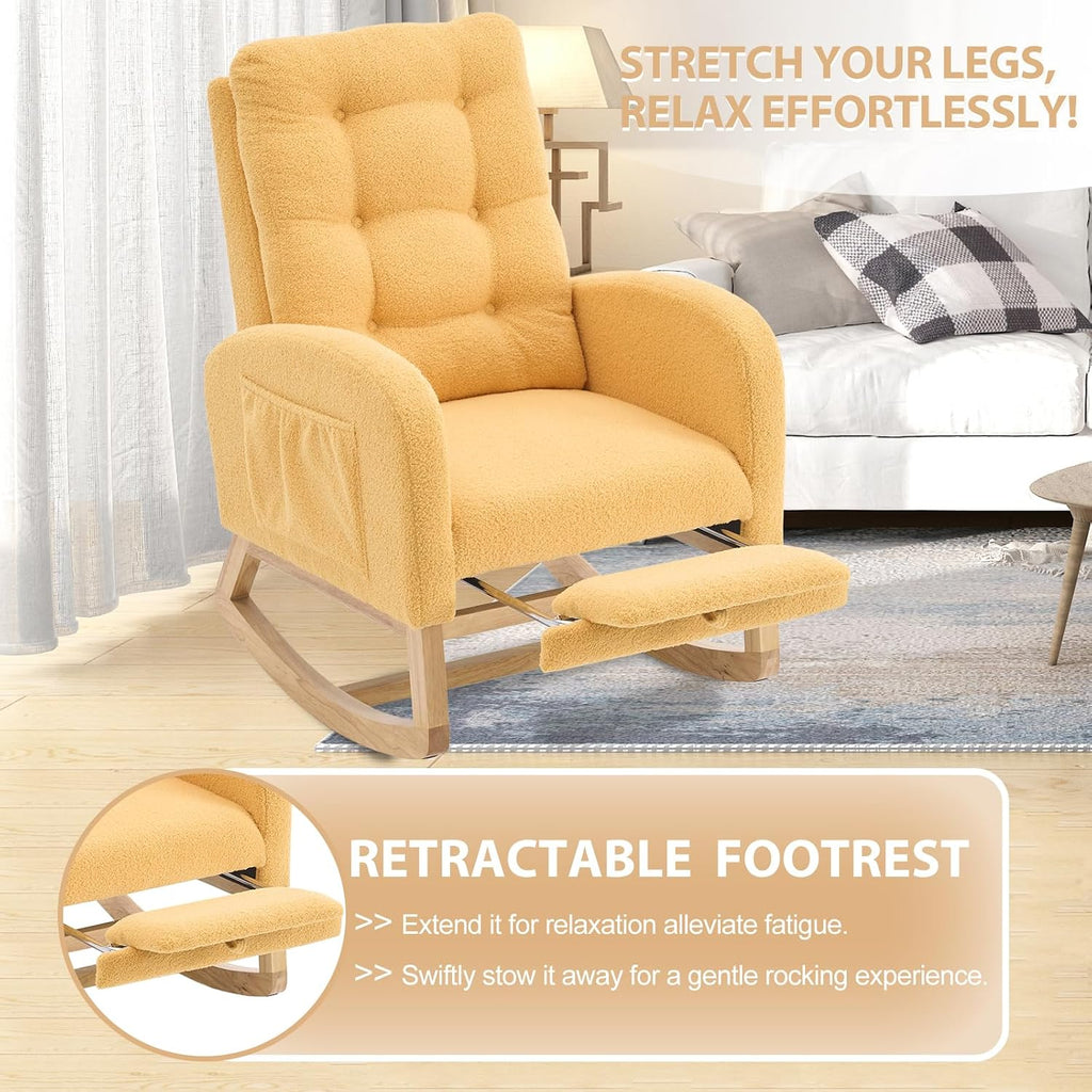 cinkehome Nursery Rocking Chair with Retractable Foot Rest, Teddy Glider Rocking Chair, Mid Century Rocker Chair, High Back, Solid Wood Legs