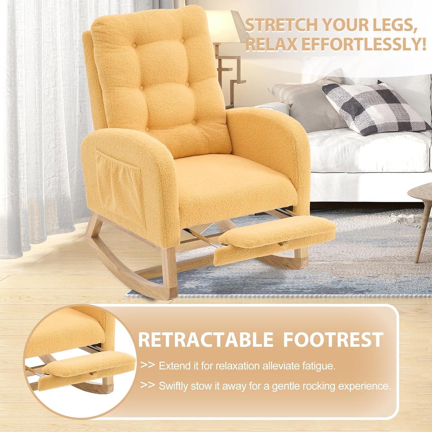 cinkehome Nursery Rocking Chair with Retractable Foot Rest, Teddy Glider Rocking Chair, Mid Century Rocker Chair, High Back, Solid Wood Legs