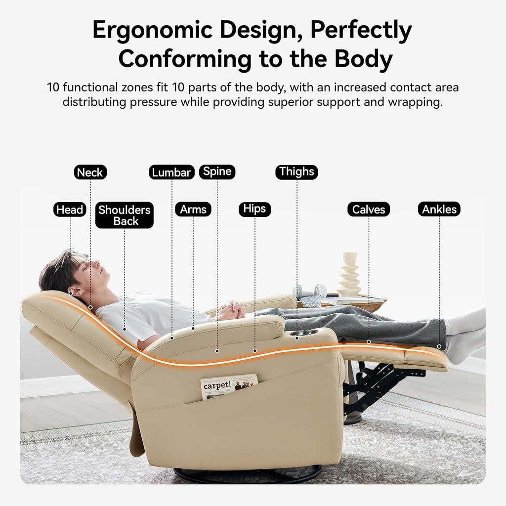 AIRSKY Leather Recliner Chair, Swivel Rocker Recliner Chair, Rocking Chair Nursery, Glider Rocking Chair with Thick Cushion, Oversize Glider Rocking Chair, Nursery Chair with High Back, Beige,R2