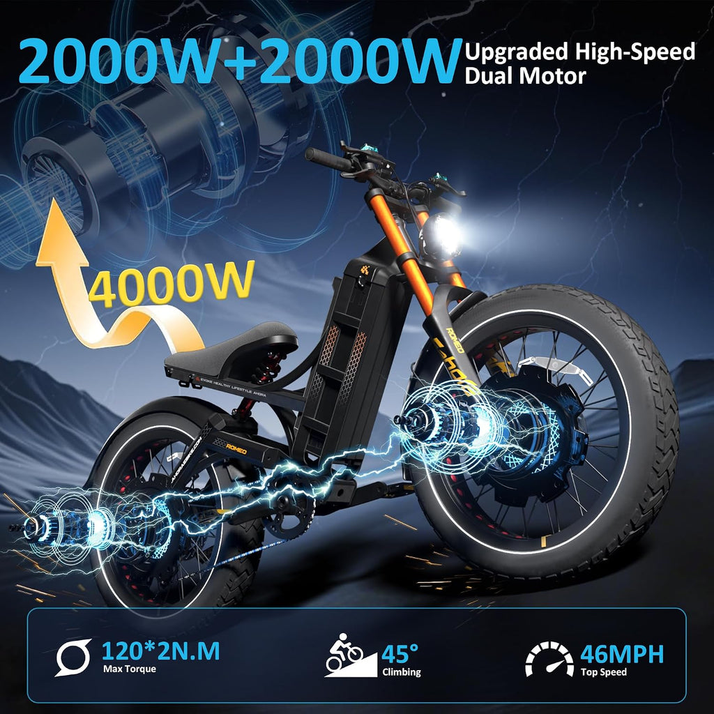 2026 eAhora Romeo Dual-Motor Ebike - 50Mph 5600W 60-80AH 250Miles Long Range Electric Bike for Adults, Full Suspension Hydraulic Brakes Electric Bicycle, 26' Mountain Bike for Off-Road Commuting