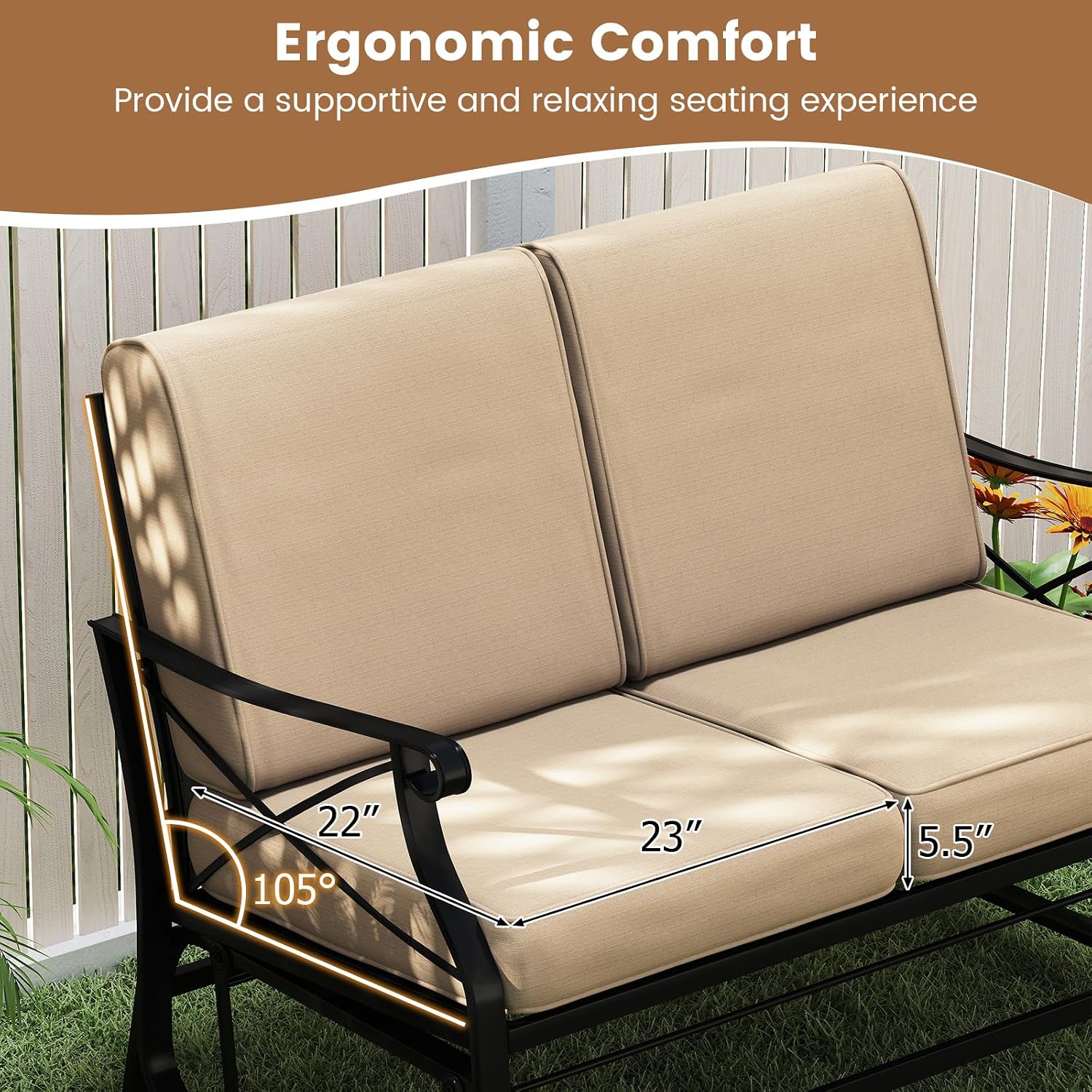 Giantex 2-Person Outdoor Glider, Rocking Chair Loveseat with Detachable Thick Cushions, Metal Frame, 660Lbs Capacity, Outside Swing Chair, Loveseat, Patio Glider Bench for Porch, Garden, Yard (Brown)