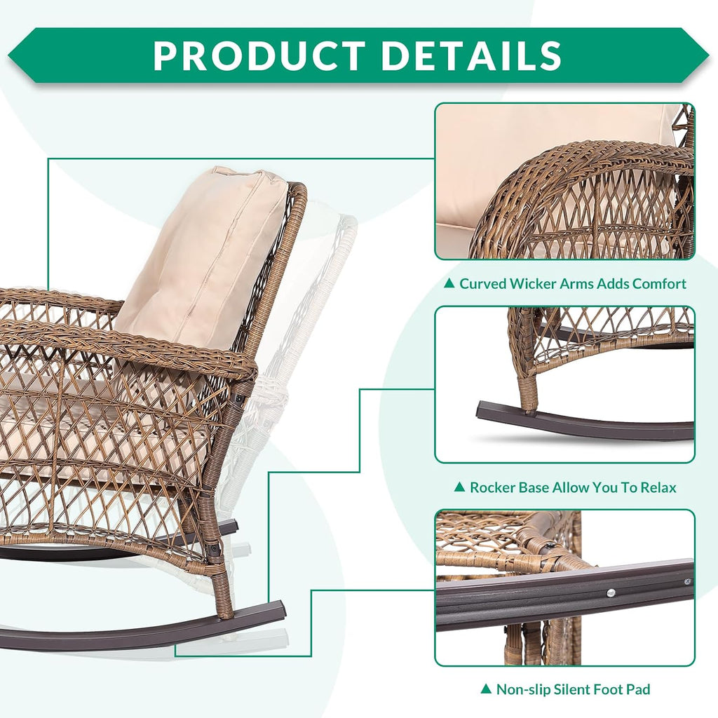 VIVIJASON 4-Piece Outdoor Patio Wicker Conversation Sets, All Weather Outdoor Rattan Furniture Set Includes Glider Loveseat, Coffee Table, 2 Rocking Chairs with Cushions for Backyard, Light Brown