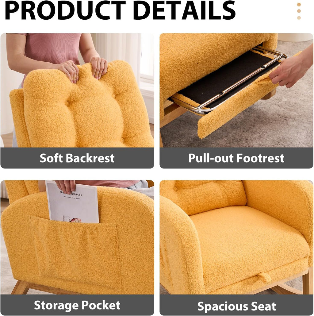 Nursery Rocking Chair with Retractable Footrest,Accent Rocker for Relaxing, Side Pocket,A+ Grade Rubber Wood,Suitable for Living Room,Bedroom and Balcony (Teddy Fleece, Yellow)