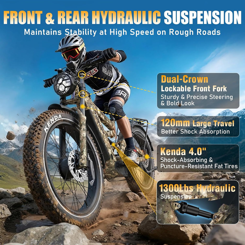 TESWAY X9 Ultra Dual Motor Ebike, 26' Fat Tire Full Suspension AWD Electric Bike for Adults, 4000W 43MPH 240NM, 60V 30Ah(Camo)/25Ah(Other) 120 Miles Long Rang