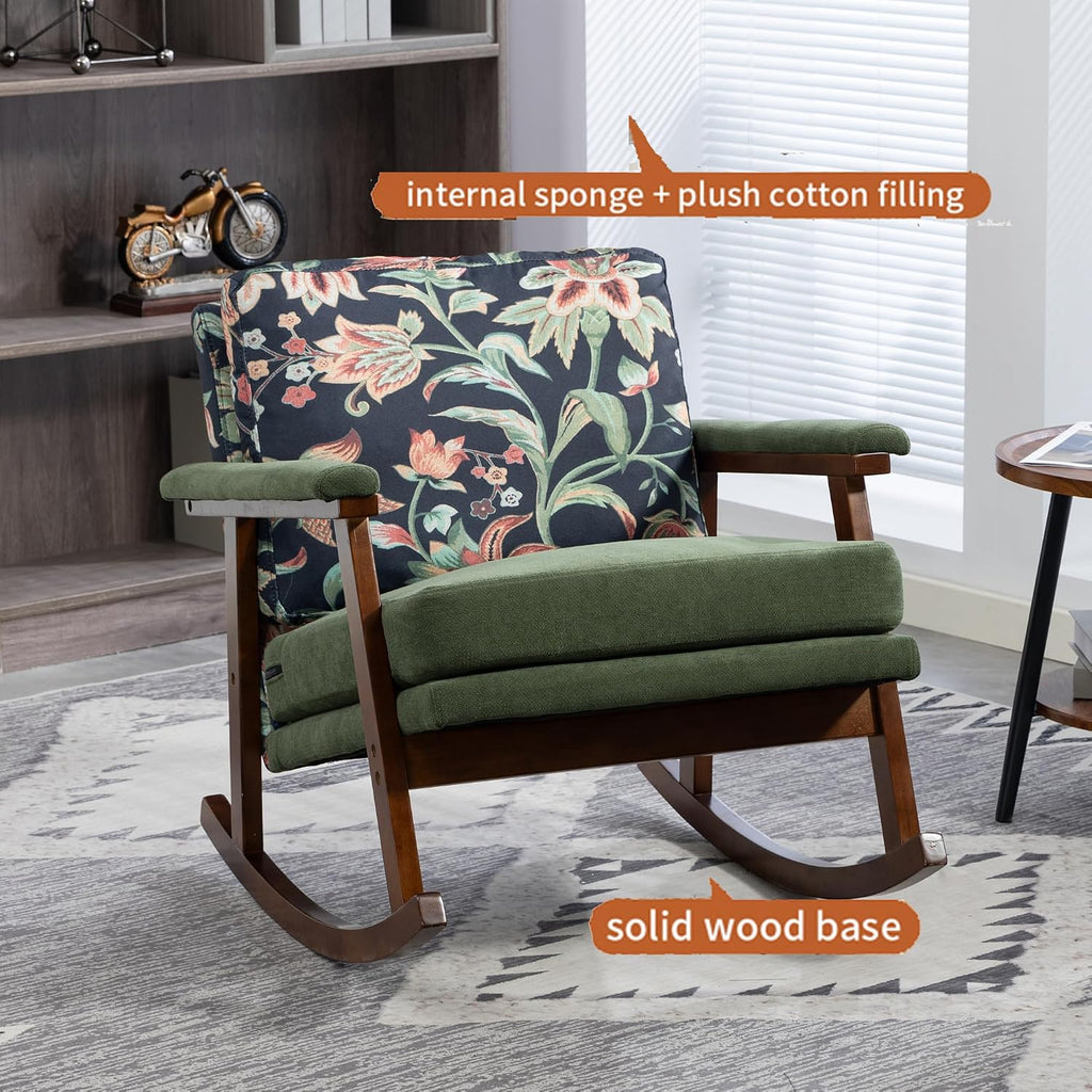 Nursery Rocking Chair Velvet Upholstered Accent Rocker Chair with Flower Pattern Comfy Soft Rocker Glider Solid Rubber Wood Leg for Bedroom Living Room Nursing Room, Green
