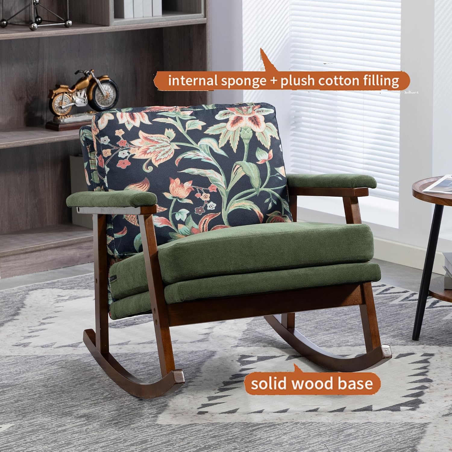 Nursery Rocking Chair Velvet Upholstered Accent Rocker Chair with Flower Pattern Comfy Soft Rocker Glider Solid Rubber Wood Leg for Bedroom Living Room Nursing Room, Green