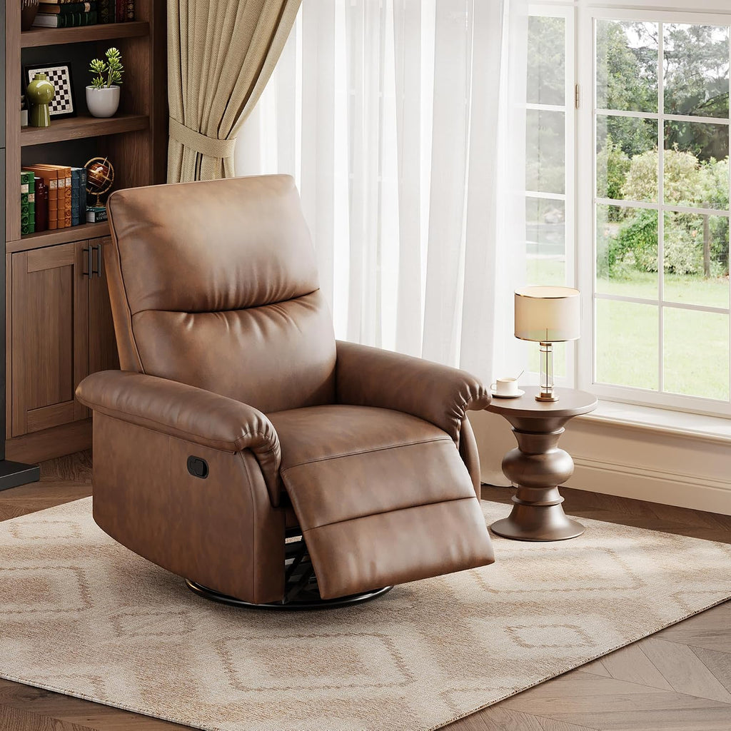 GarveeHome Recliner Chair, 360° Swivel Rocker Glider Nursery Chair with Padded Armrest and Deep Seat, PU Leather Upholstered Reclining Sofa Chair for Living Room, Bedroom and Nursery (Orange)
