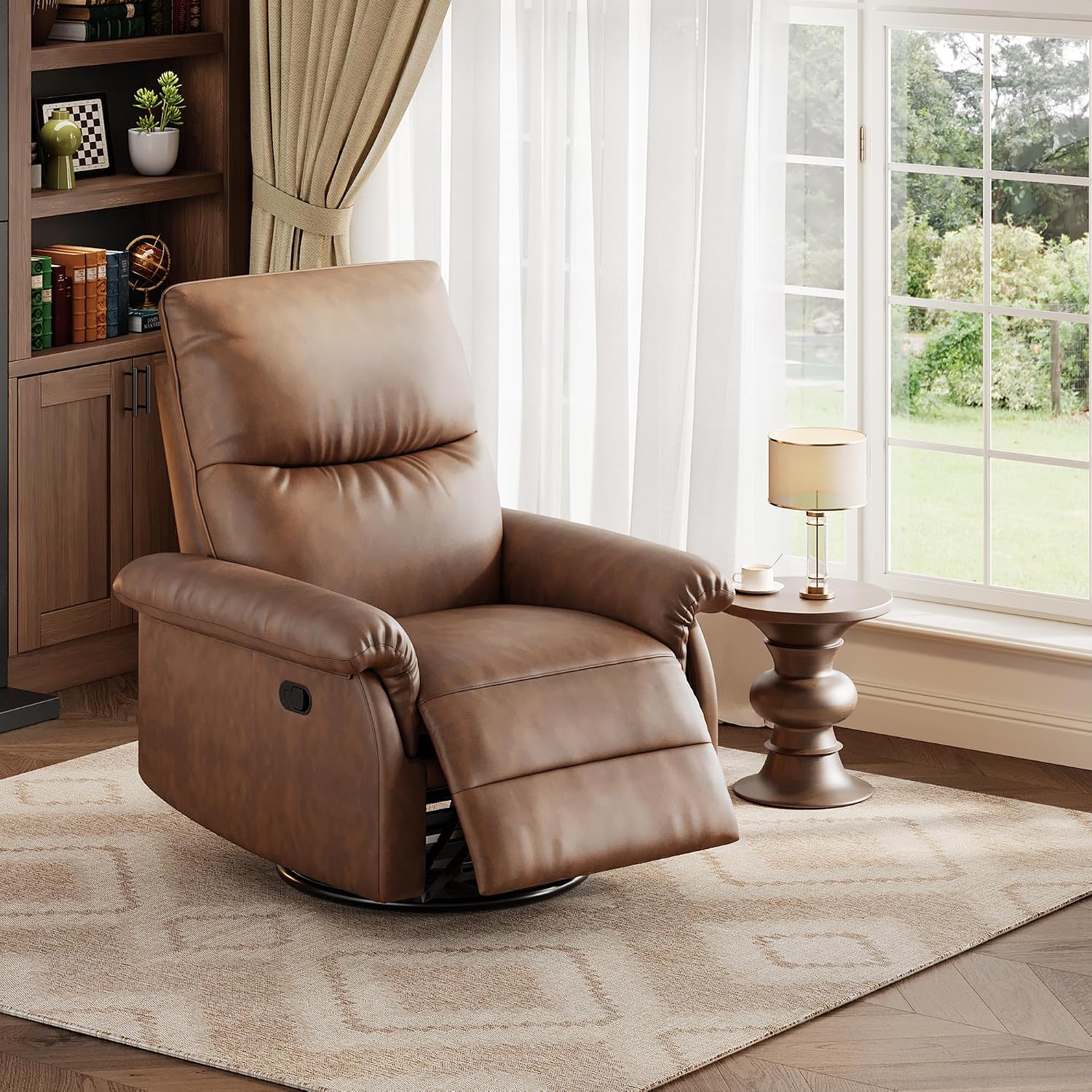 IDEALHOUSE Manual Recliner Chair, 360° Swivel Rocker Glider Recliner with Padded Armrests, Modern PU Leather Upholstered Reclining Chair for Living Room Bedroom and Nursery (Orange)
