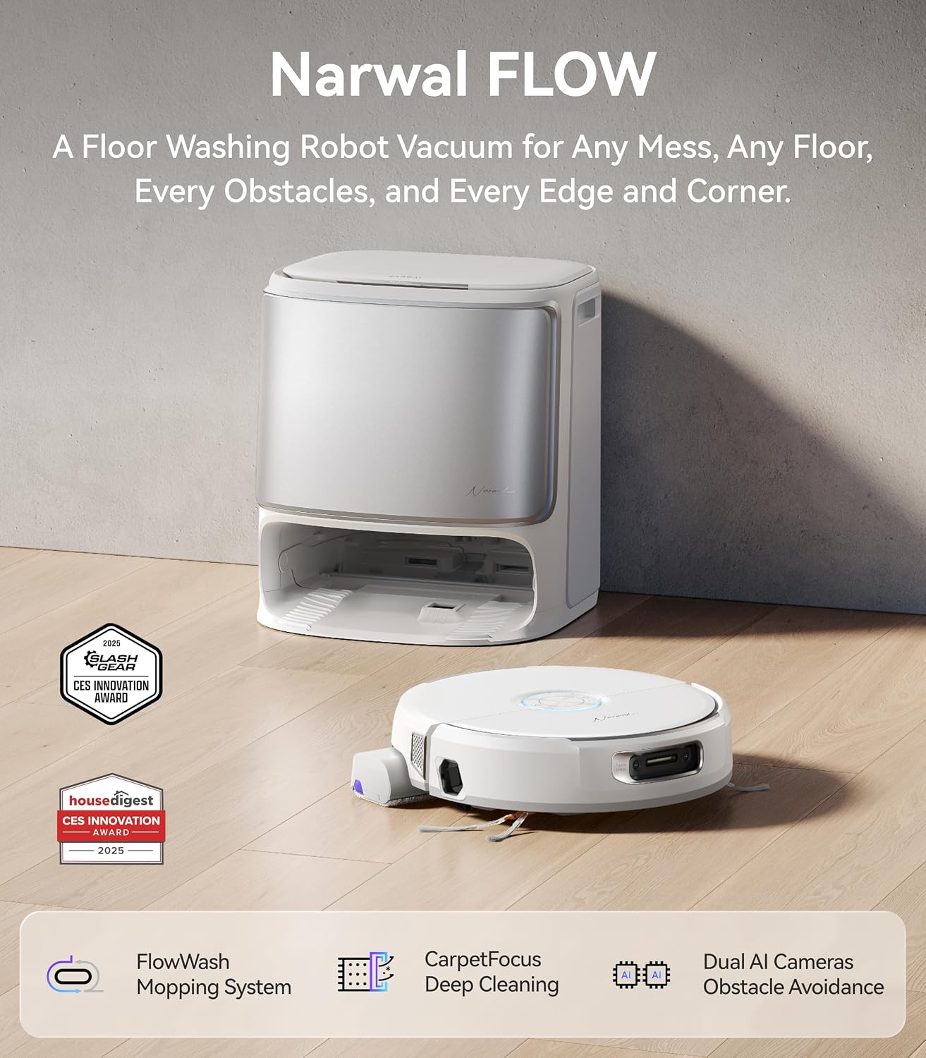 NARWAL Flow Robot Vacuum and Mop Combo, FlowWash Real-Time Self-Cleaning Track Mop, 22,000 Pa Suction, Dual-Camera AI Obstacle Avoidance, Carpet & Edge Cleaning, Self-Emptying Robot Vacuum (Renewed)