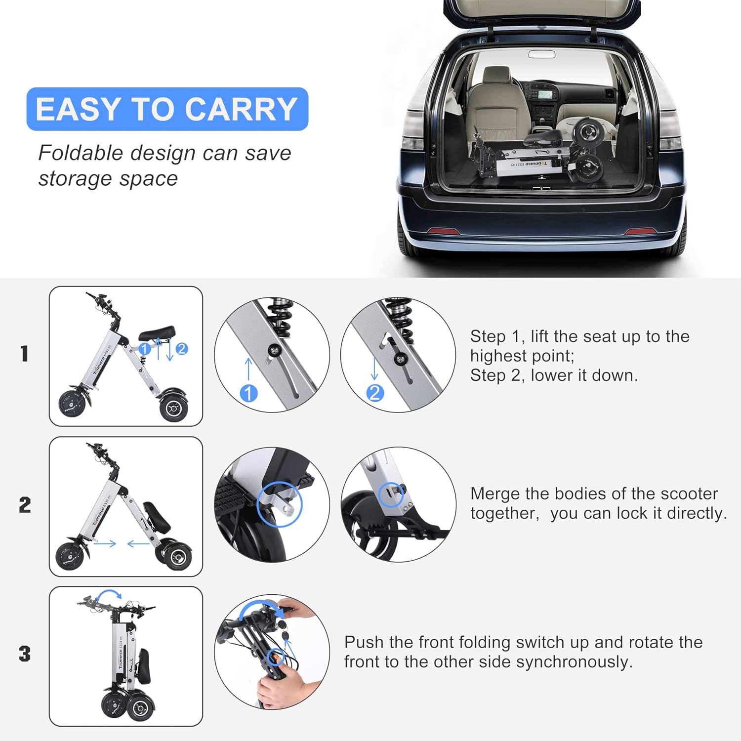 TopMate ES33 Powered Mobility Scooter 3 Wheels Foldable with Seat for Adults, Lightweight Electric Scooter with Removable 36V 7.8AH Battery, Reverse Function & Key Switch for Commute and Travel