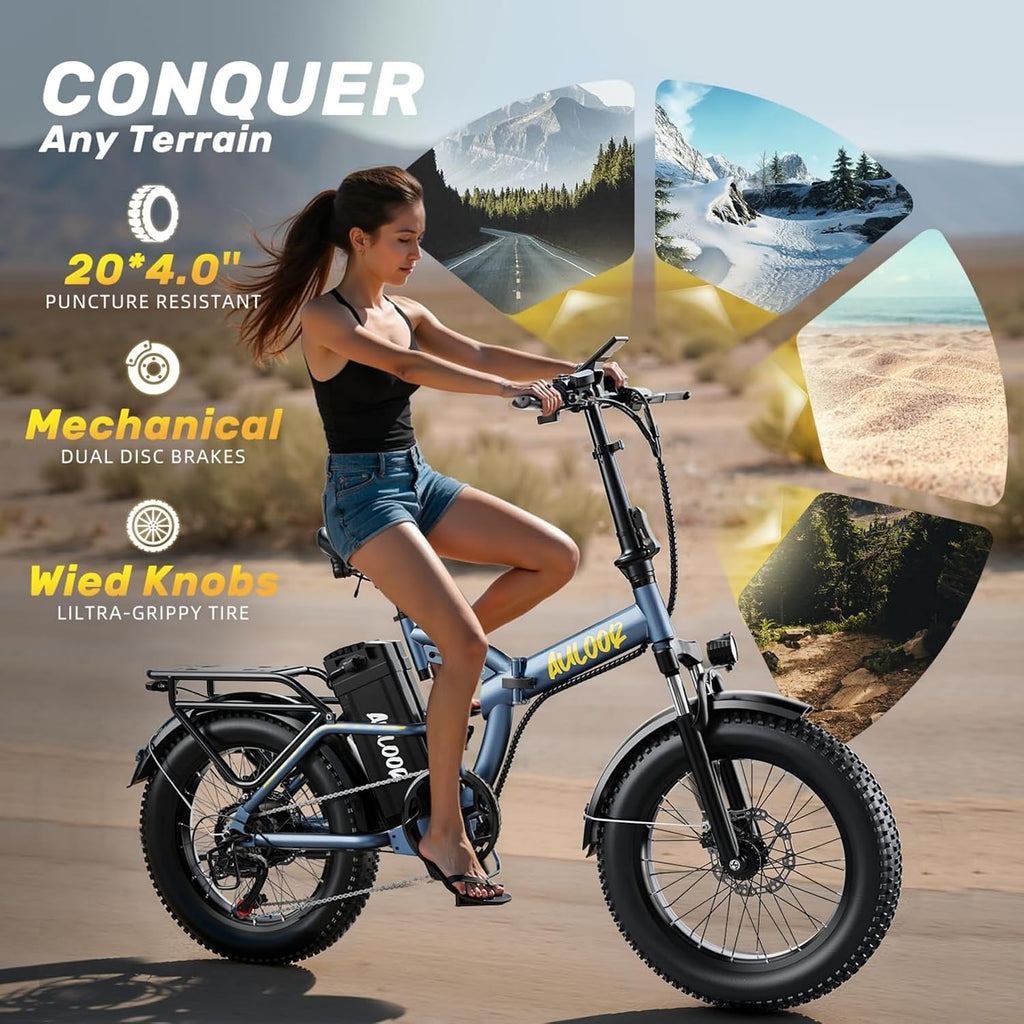 Auloor Folding Electric Bike for Adults, 1500W Peak Motor 48V 20Ah Removable Battery, 30 MPH 80 Miles, 20' Fat Tires Full Suspension Ebike, 7-Speed All Terrain E-Bike for Commuting, Camping & Outdoors