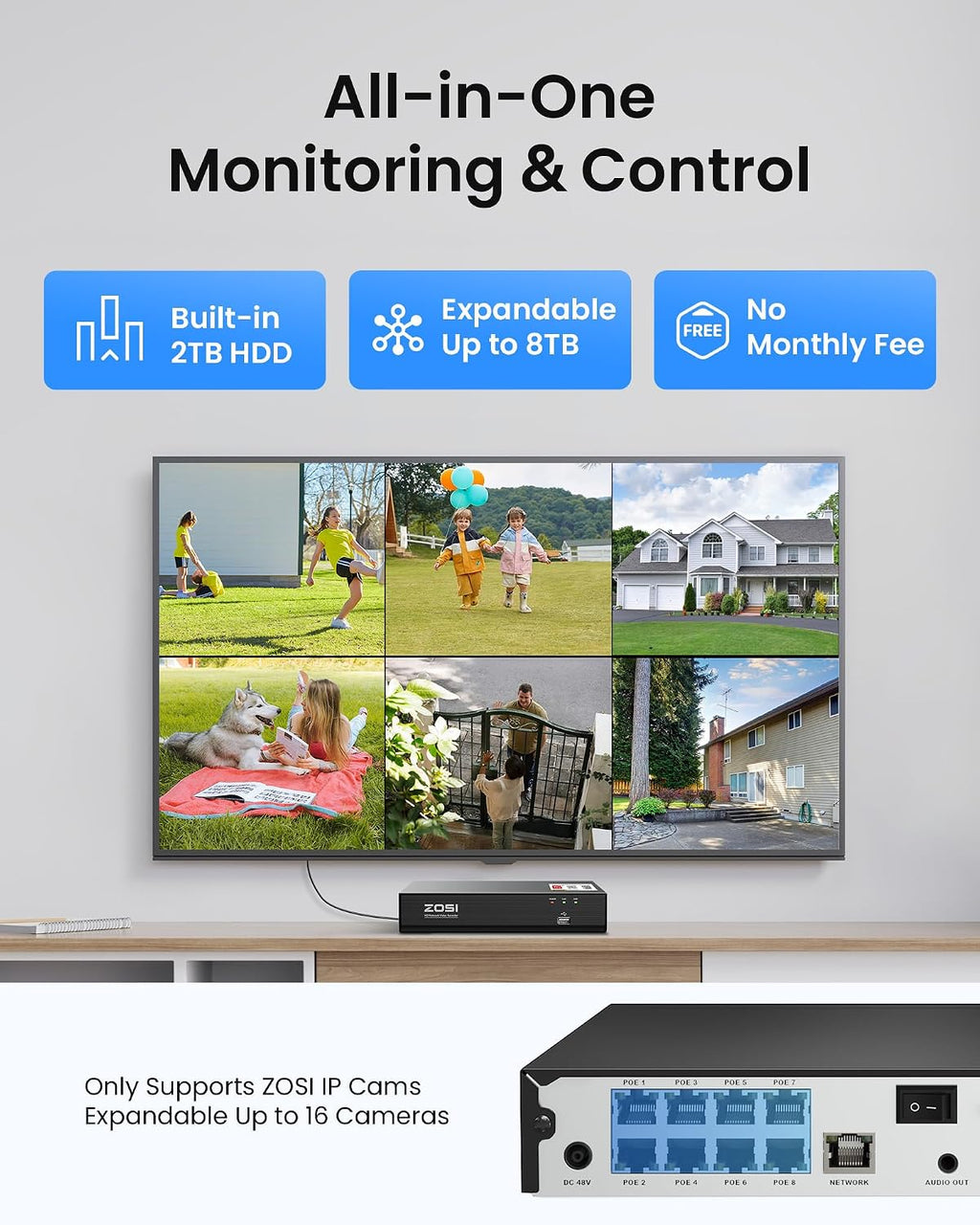ZOSI C220 4K 8MP 8CH POE NVR Security Camera System (16CH Expandable), 6 x 8MP PoE IP Dome Cameras Outdoor Indoor, AI Human/Vehicle/Face Detection, One-Way Audio, 100ft IR Night Vision, 2TB HDD