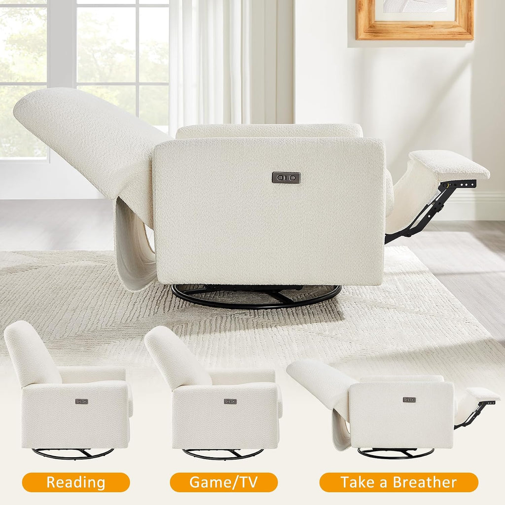 VANOMi Power Recliner Chair, 270° Swivel Nursery Chair with USB Charging Port Comfy Boucle Glider Rocking Chairs for Living Room, Nursery, Bedroom, White