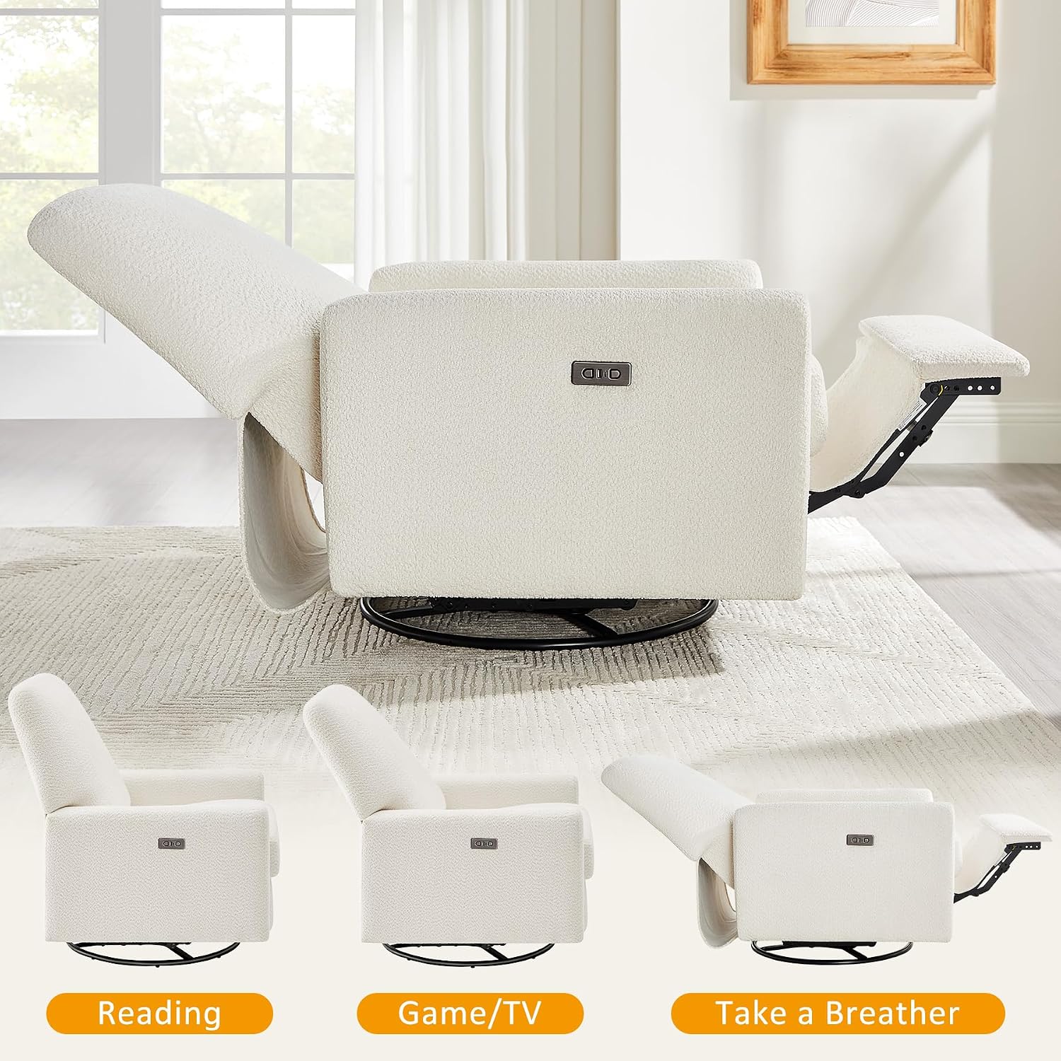 VANOMi Power Recliner Chair, 270° Swivel Nursery Chair with USB Charging Port Comfy Boucle Glider Rocking Chairs for Living Room, Nursery, Bedroom, White