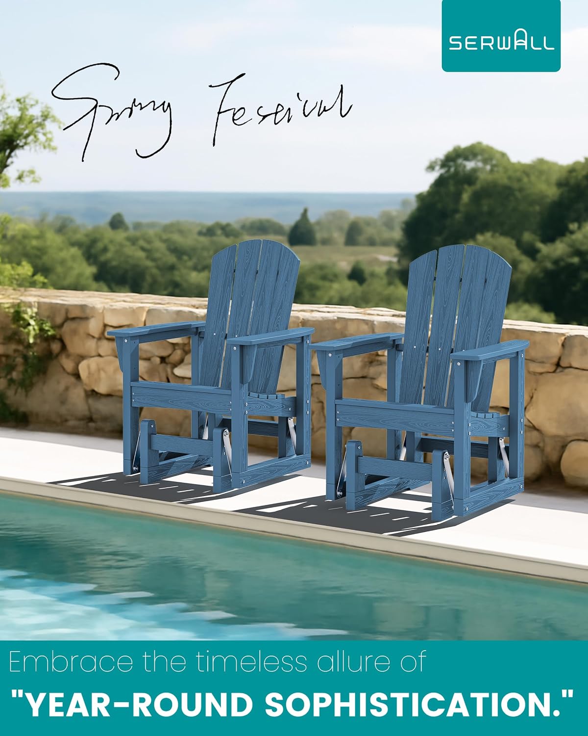 SERWALL Outdoor Glider Chair, HDPE Patio Glider Rocker All-Weather Porch Glider for Outside, Blue