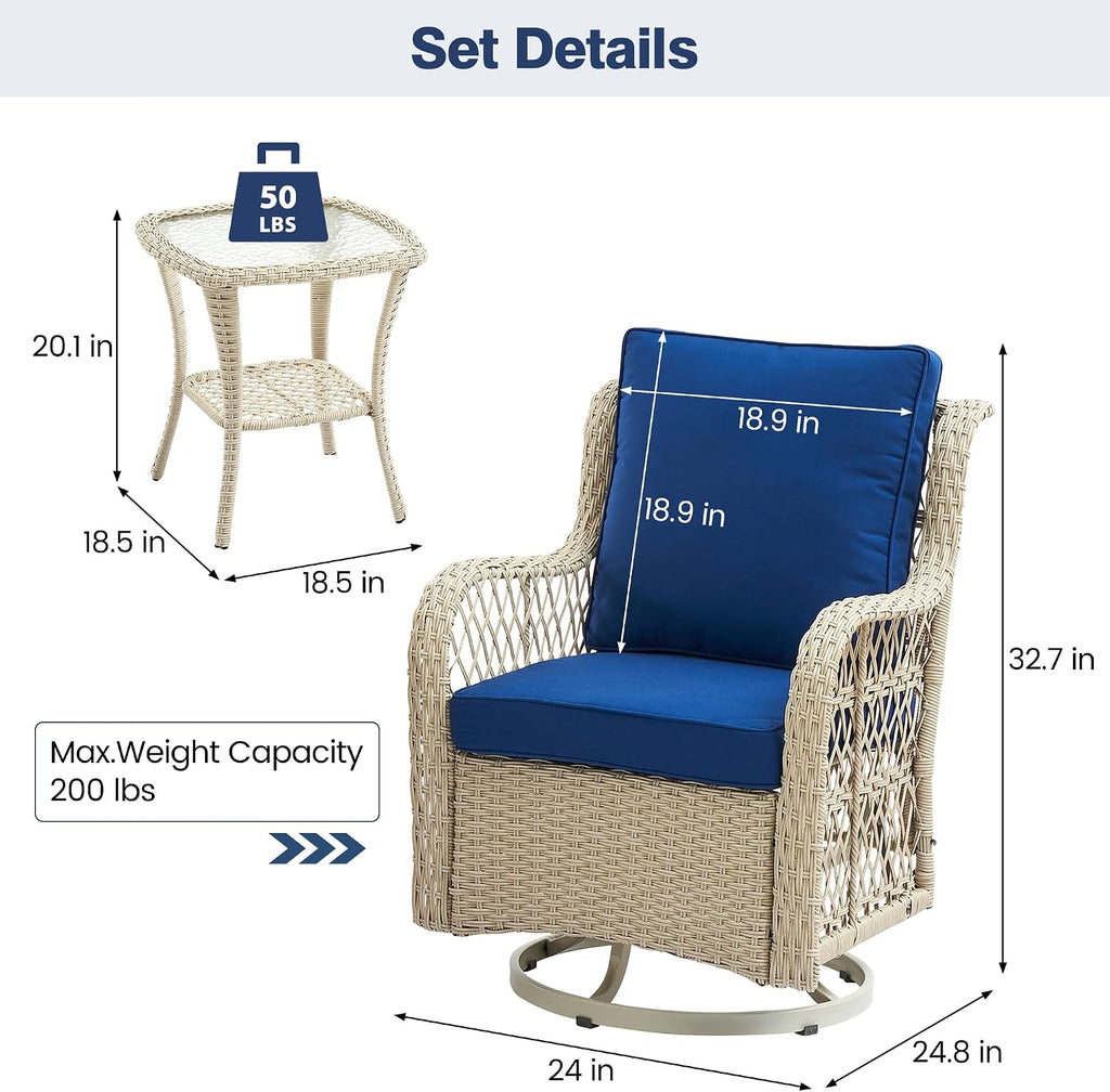GAOMON 3 Piece Outdoor Patio Set, Wicker Rocking Bistro Set with 2 Swivel Chairs & Tempered Glass Top Table, Rattan Outdoor Furniture with Cushions for Patio Porch Backyard,Beige Rattan/Navy Cushion