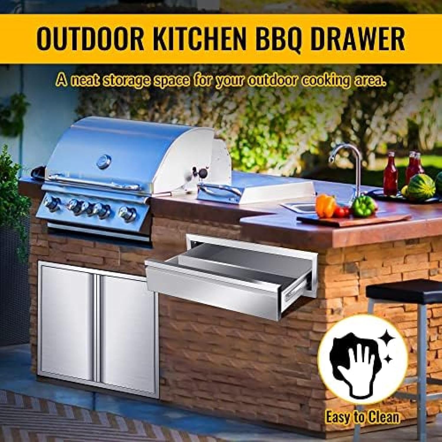 Outdoor Kitchen Drawer Stainless Steel BBQ Triple Drawer Flush Mount for Outdoor Kitchen Island,-30W X 6.5H X 23D Inch