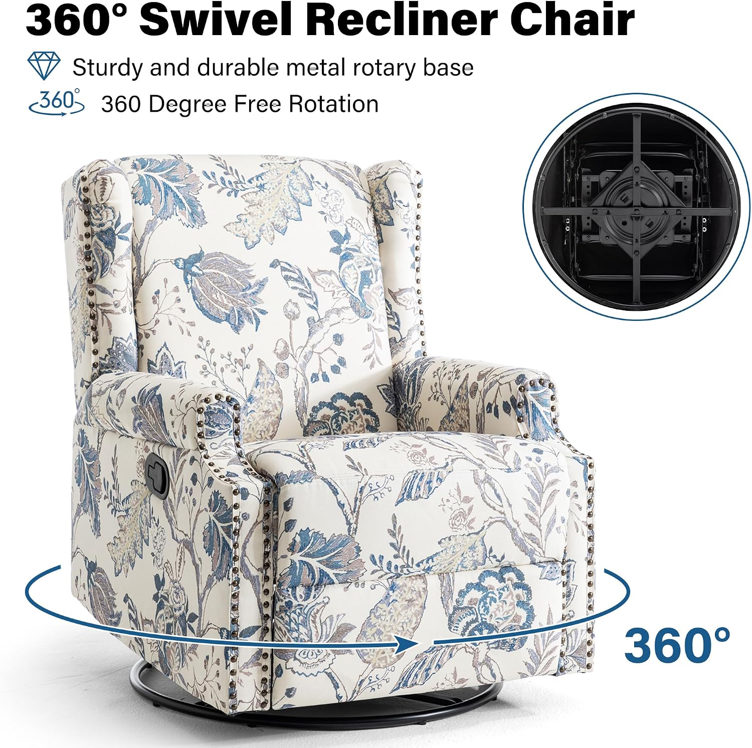Lumibee Recliner Chair, 360° Swivel Rocker Recliner Chair with Footrest High Back, Comfy Upholstered Glider Rocking Chair for Living Room Bedroom (Plants Blue)