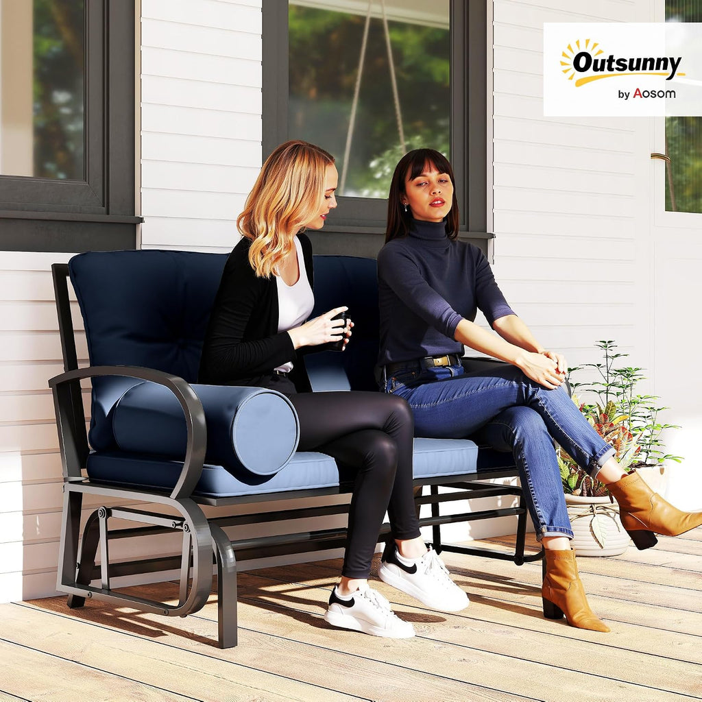 Outsunny Swing Glider Rocking Chair, Double Patio Bench, 2 Person Loveseat with Steel Frame, Cushions, Pillow Armrests, Blue