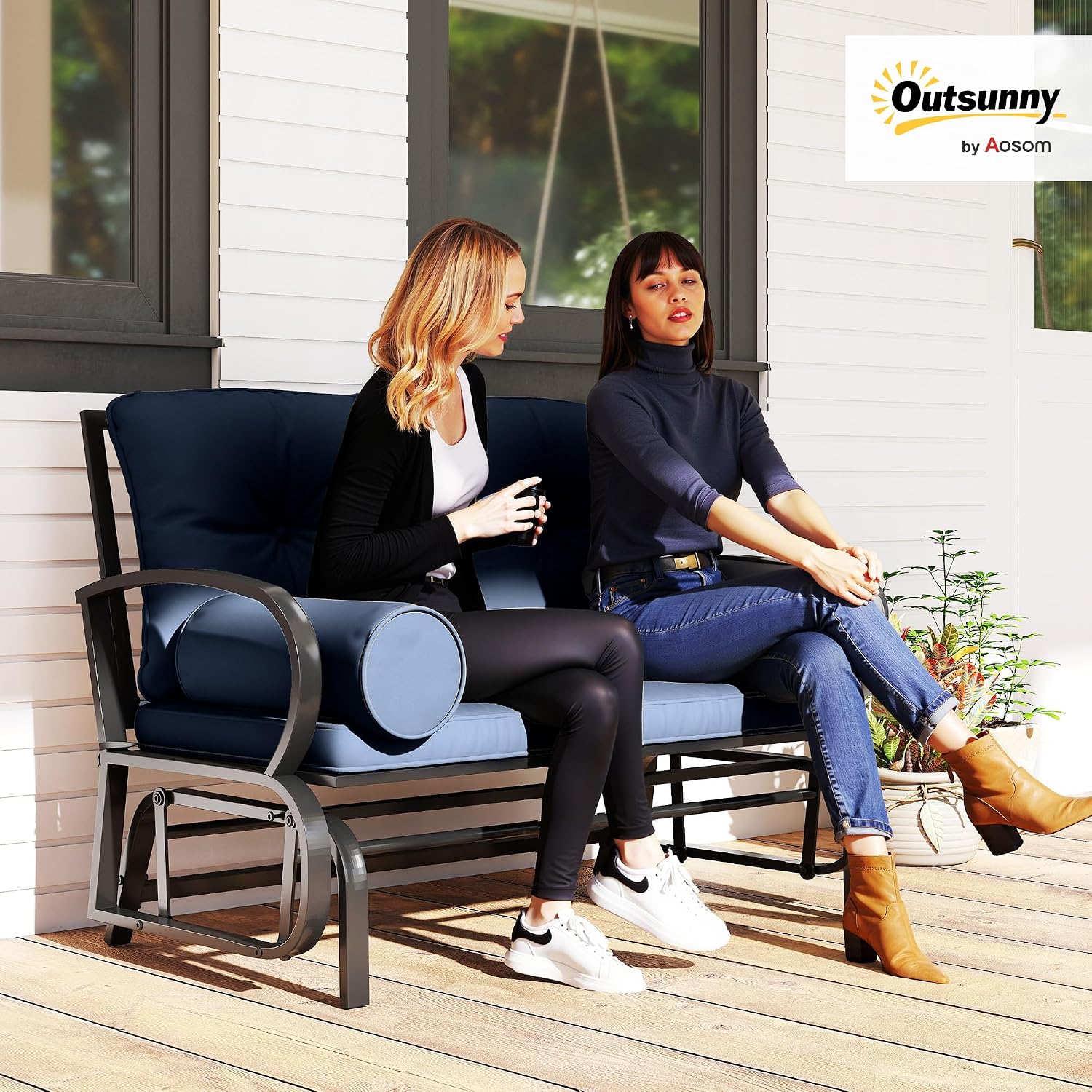 Outsunny Swing Glider Rocking Chair, Double Patio Bench, 2 Person Loveseat with Steel Frame, Cushions, Pillow Armrests, Blue