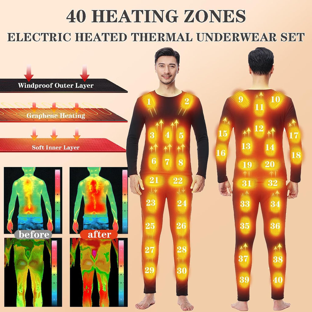 Electric Heated Underwear Set for Men Women APP Control Thermal Underwear Top & Pants 40 Zones Heating Base Layer
