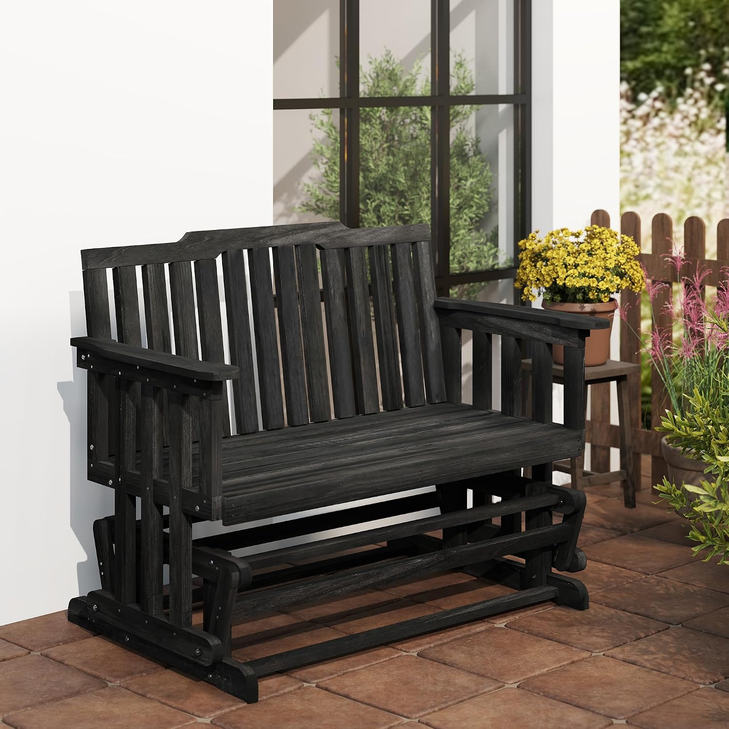 Outsunny 2-Person Patio Swing Glider Bench with Quick Drying Design and Wide Armrest, Wood Rocking Chair Loveseat for Backyard Garden Porch, Black