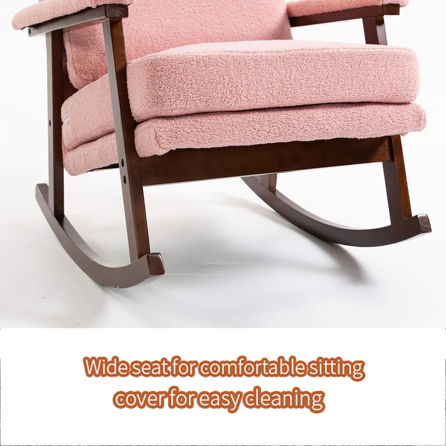 Nursery Rocking Chair Velvet Upholstered Accent Rocker Chair with Backrest Comfy Soft Rocker Glider Solid Rubber Wood Leg for Bedroom Living Room Nursing Room, Pink