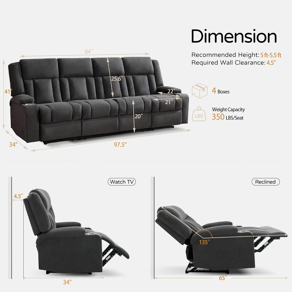 Recliner Sofa with Cup Holders, 3-Seater Fabric Reclining Couch, Manual Recliner Wall Hugger for Living Room, Home Theater, Small Spaces (Dark Gray)