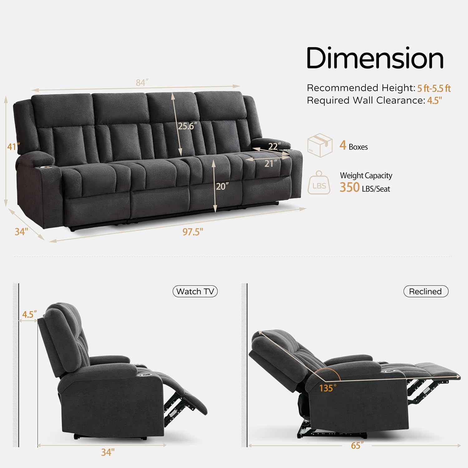 Recliner Sofa with Cup Holders, 3-Seater Fabric Reclining Couch, Manual Recliner Wall Hugger for Living Room, Home Theater, Small Spaces (Dark Gray)