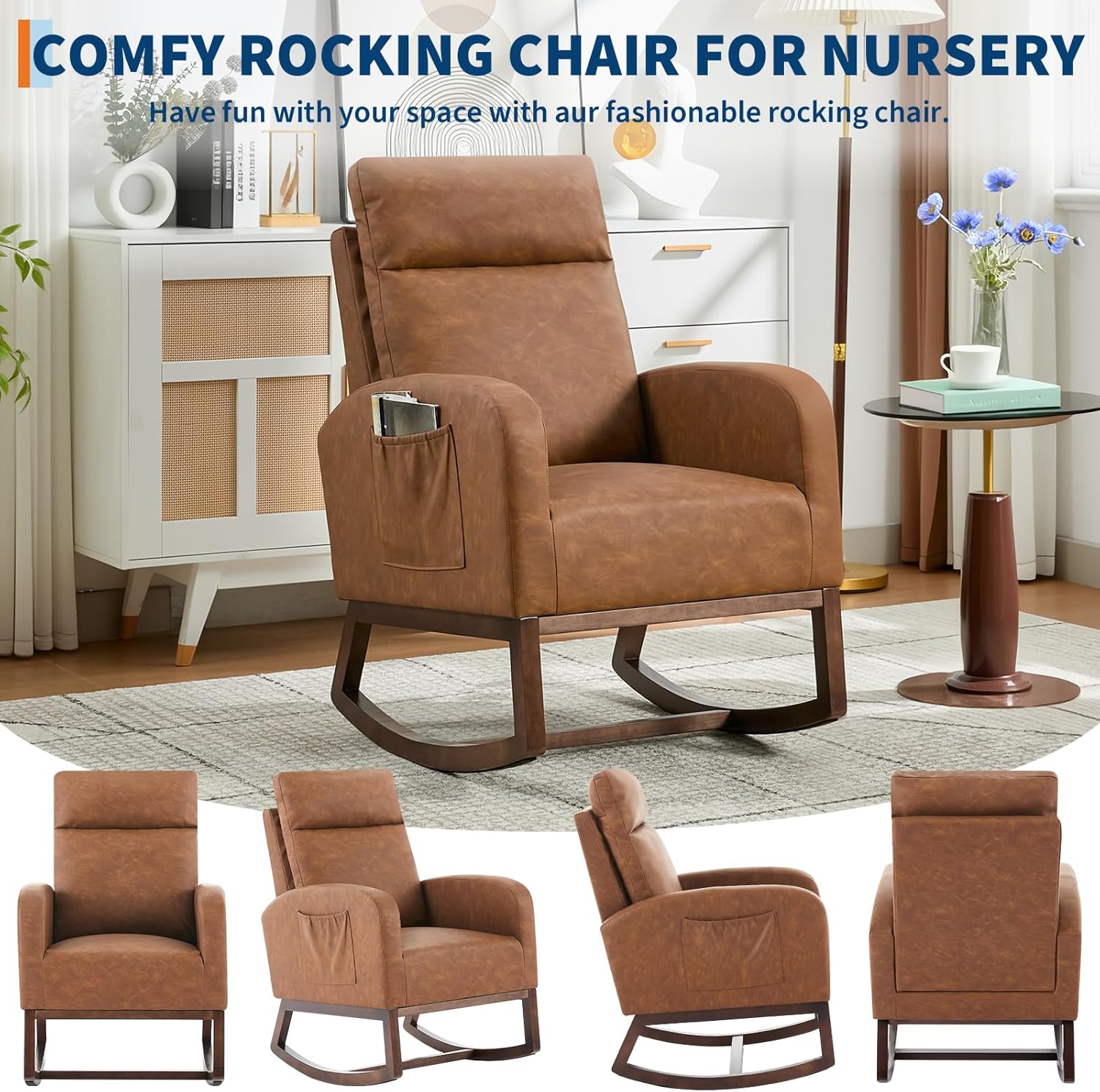 Modern Nursery Rocking Chair,PU Leather Upholstered Glider with 26' High Backrest, Padded Seat for Living Room, Bedroom, Reading
