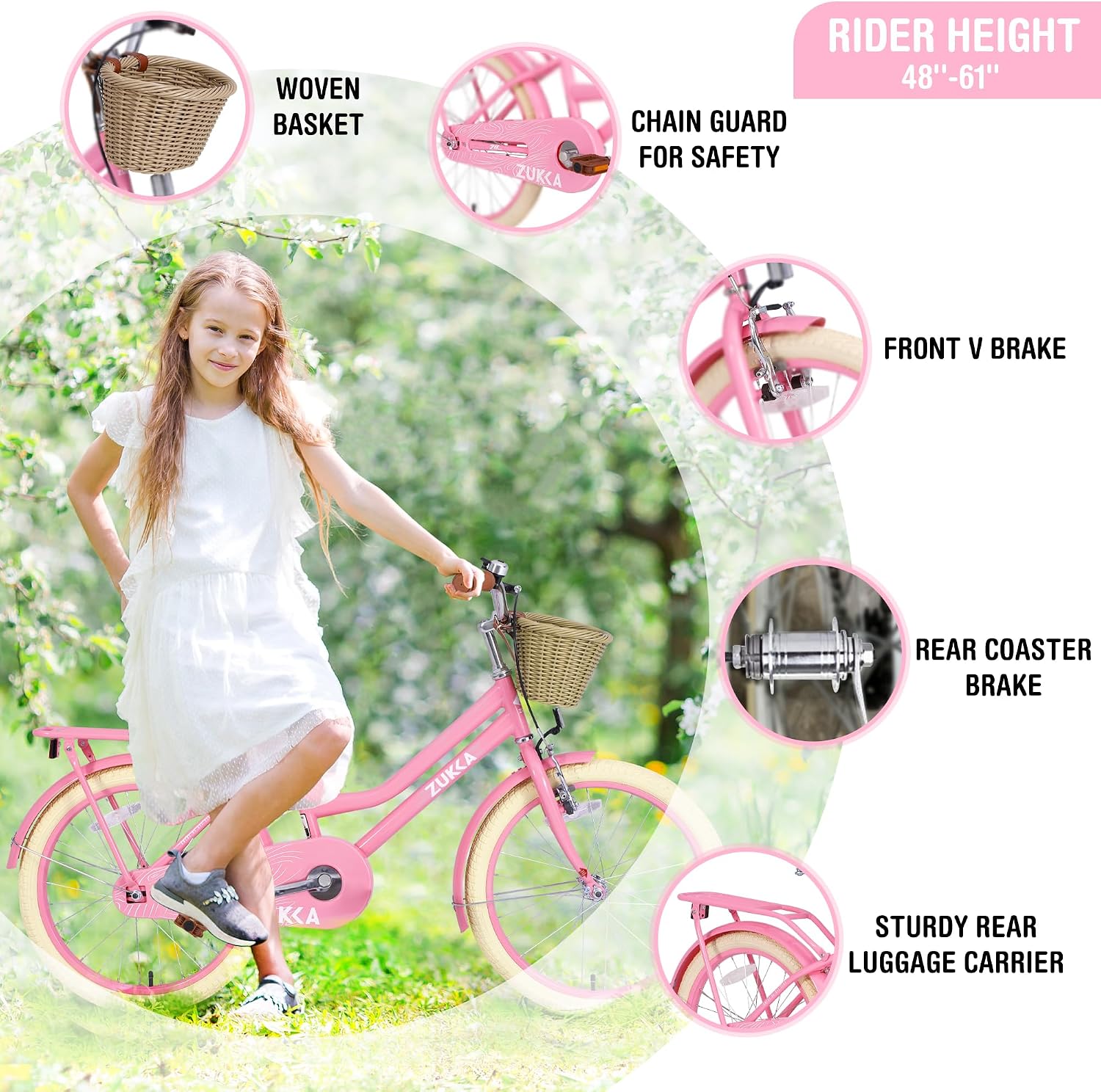 MEGHNA Cruiser Bike 20 inch/24 inch Wheels Girls Women Bike Single Speed Commuter Bike with Basket V-Brake and Coast Brake Women Ladys Bicycle, Multicolors