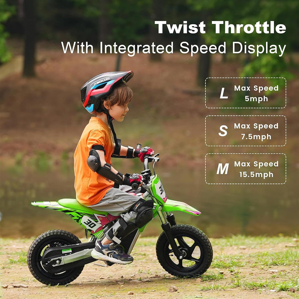 Electric Dirt Bike for Boys Girls Ages 3-8, 250W High Racing Competition Grade Motorcycle, Up to 15MPH 3 Speed Settings Balance Bike, 12IN Off-Road Tires & Advanced Shock Absorption, Green