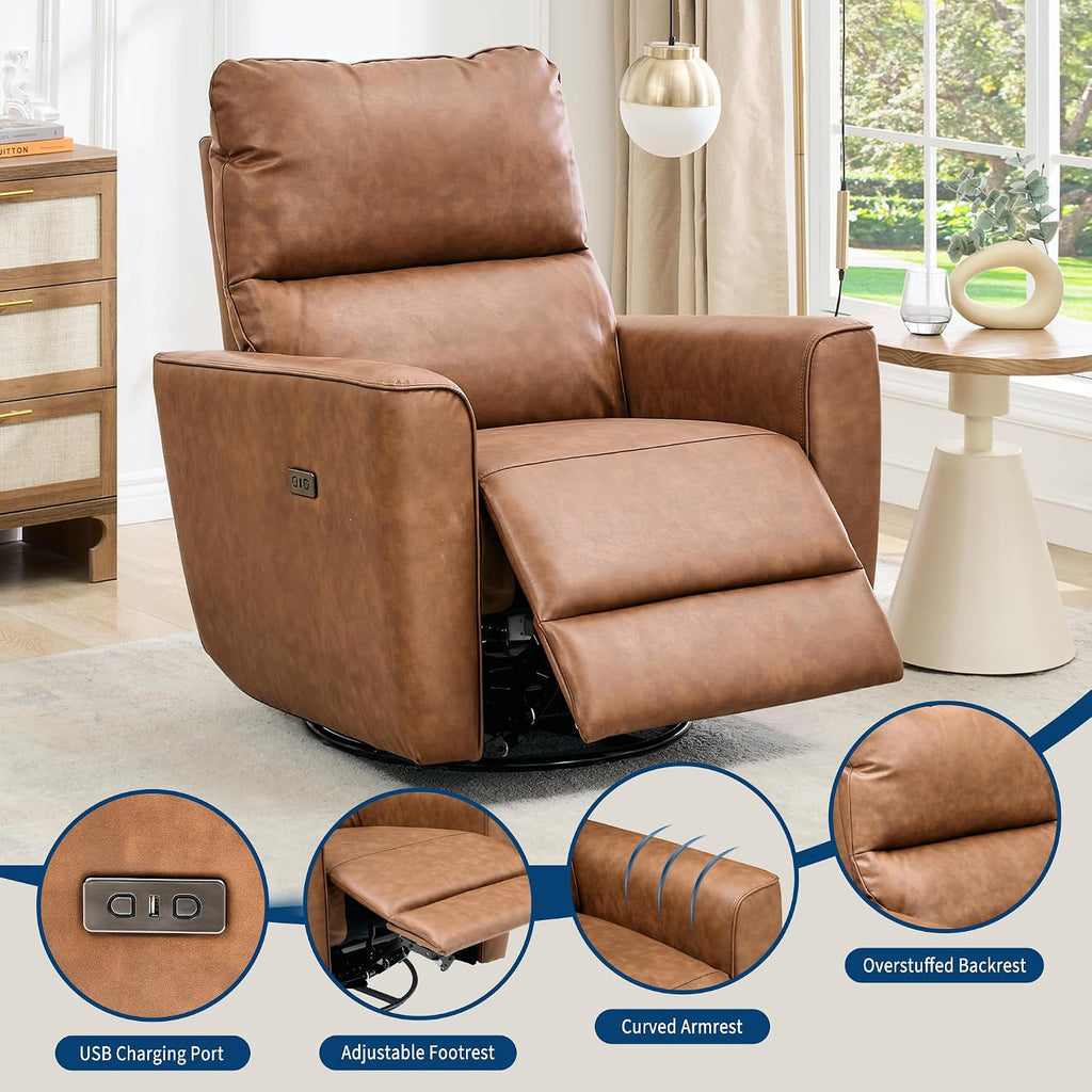 IDEALHOUSE Swivel Rocking Nursery Recliner Chair Rocker Recliner Glider Deep Seat PU Leather Sofa Chair with high Backrest for Nursery, Living Room, Bedroom & Home Movie Theater (Camel)