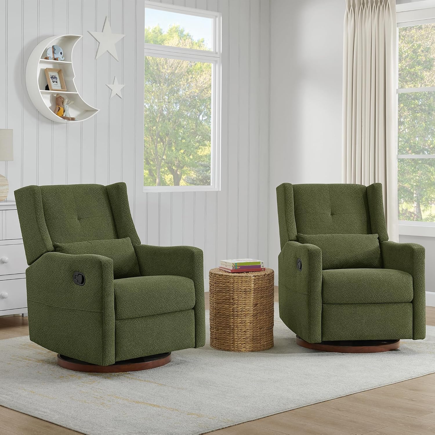 KISLOT Nursery Recliner Chair Swivel Glider Upholstered Rocker Fabric Manual Reclining Chair with Wood Base for Living Room Bedroom