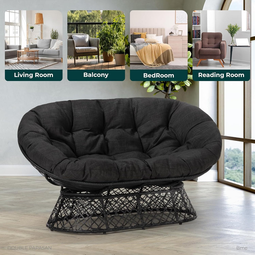 Bme Double Papasan Chair, 600lbs Capacity, Ergonomic Design, Soft Thick Fabric Cushion, Bee-Designed Base, Durable Steel Frame, 61', Onyx Stone - Black Base